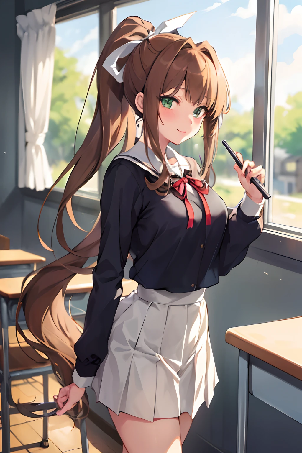 masterpiece, best quality, anime, highly detailed, 1girl, solo, school uniform, standing, classroom, monika, green eyes, brown hair, very long hair, ponytail, hair ribbon, white ribbon,