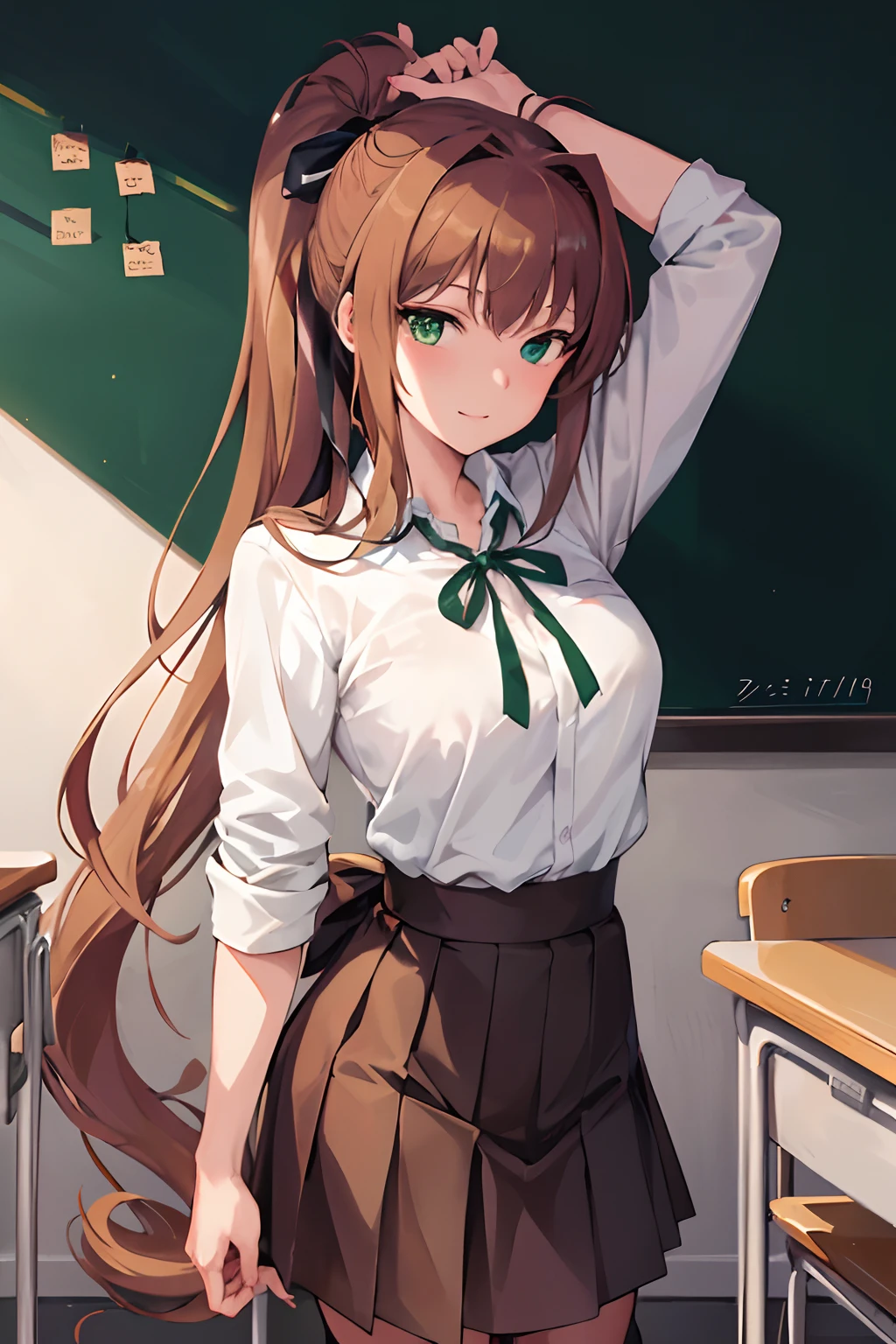 masterpiece, best quality, anime, highly detailed, 1girl, solo, school uniform, standing, classroom, monika, green eyes, brown hair, very long hair, ponytail, hair ribbon, white ribbon,