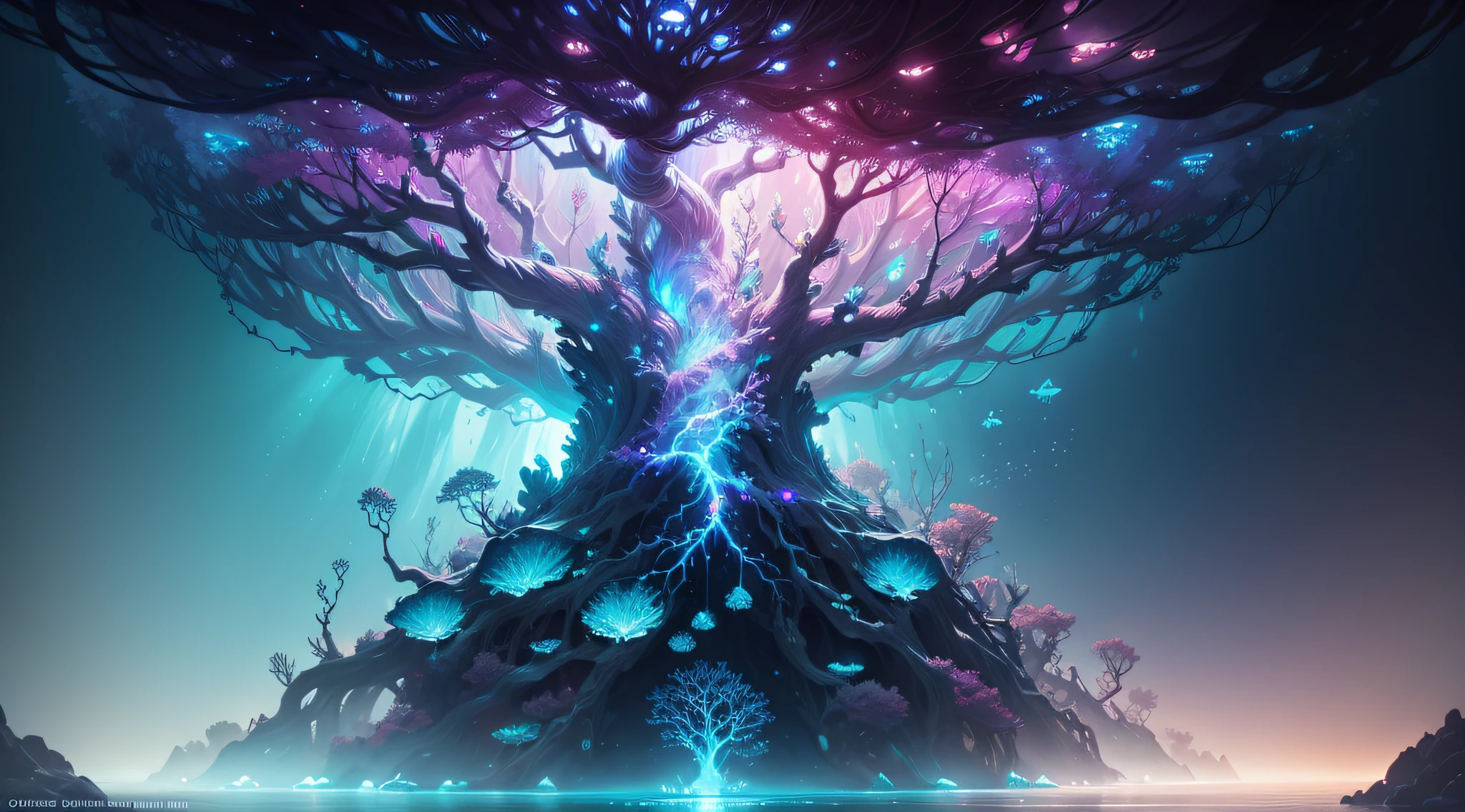 Tree of life under the sea, ethereal, glittering, lens flares, cinematic lighting, artwork by Anna Dittmann & Carne Griffiths, 8k, unreal engine 5, hightly detailed, intricate detailed, mythology