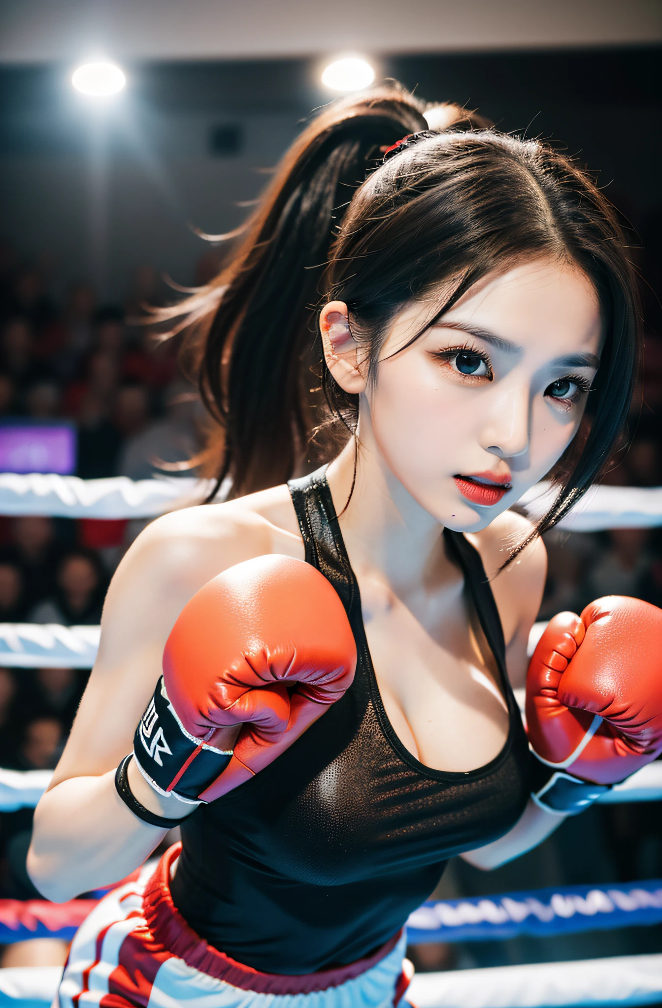 (half body shot:1.4), hyper realism, (Photoreal:1.4), 8K, maximum resolution, (masterpiece), very detailed, highest quality, sophisticated facial features, The most beautiful woman in Japan, Detailed beautiful eyes and lips, Canon R5 50mm, Nogizaka, (japanese idol:1.3), smile, big breasts, bold red and black boxing outfit, fierce expression, Professional boxing ring under bright arena lights, Crowded audience cheering,