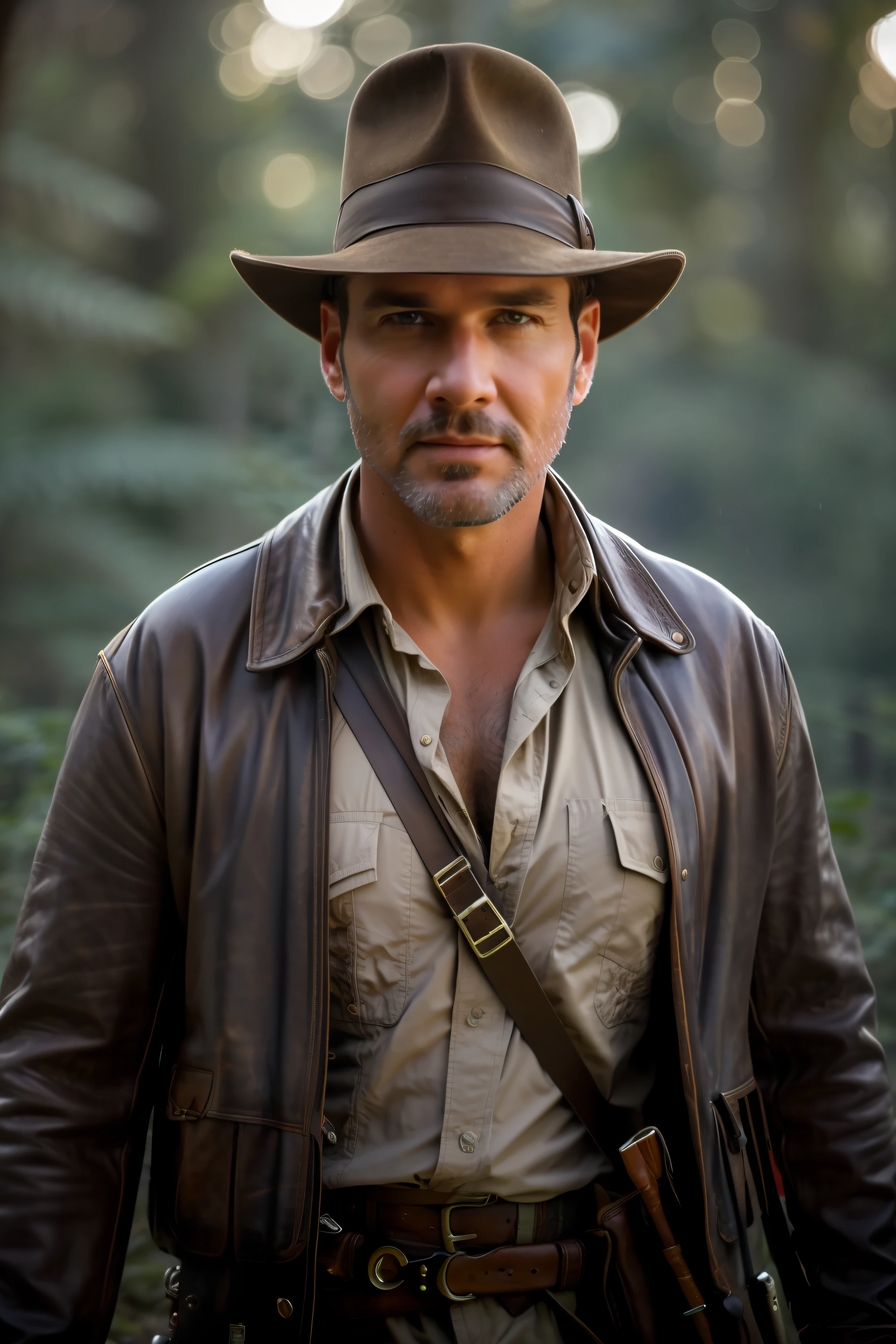 a Highly Detailed full portrait Photo of a man with a scruffy beard as Indiana Jones with hat, (Detailed Face), (perfect detailed eyes:1.1), (highly detailed skin:1.1),  perfect athletic body, Modelshoot style, Professional Photography, Dramatic lighting, PHOTOREALISTIC, Cinematic, Realistic, sunset, standing in a forest jungle background, RAW, analog, sharp focus, 8k, high resolution, DSLR, high quality, Fujifilm XT3, award winning, masterpiece