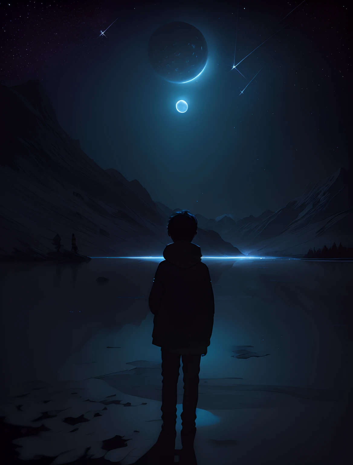 deep in the night,A boy makes a wish to the stars,Accompanied by animals,The bright moonlight shines on the mountains,An endless sense of nothingness is presented,The moonlight in the sky is also slowly fading