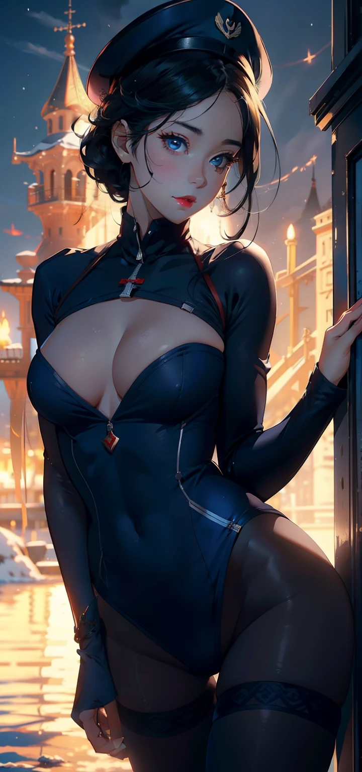 1female,23years old, 独奏,(Background with:the sea,battleships,warships,at winter season,Blizzarding,Ship formation) She has very short black hair,bobo head,Stand on a warship,,seen from the front, hair straight, mostly cloudy sky,(((tmasterpiece),(Very detailed CG unity 8K wallpaper),best qualtiy,cinmatic lighting,detailed back ground,beatiful detailed eyes,Bright pupils,Blue eyes,(Very fine and beautiful),(Beautiful and detailed eye description),ultra - detailed,tmasterpiece,)),facing at camera,A high resolution,ultra - detailed),Snow-white skin,Redlip,revealing breasts,Bare genitalia, Bulge,legs are open,Raised sexy,Camel toes,Flushed complexion,Desire for dissatisfaction,frontage,Soviet Navy,Sailor's cap(Wearing:Dark blue sailor uniform,Black pantyhose,Bare breasts)
