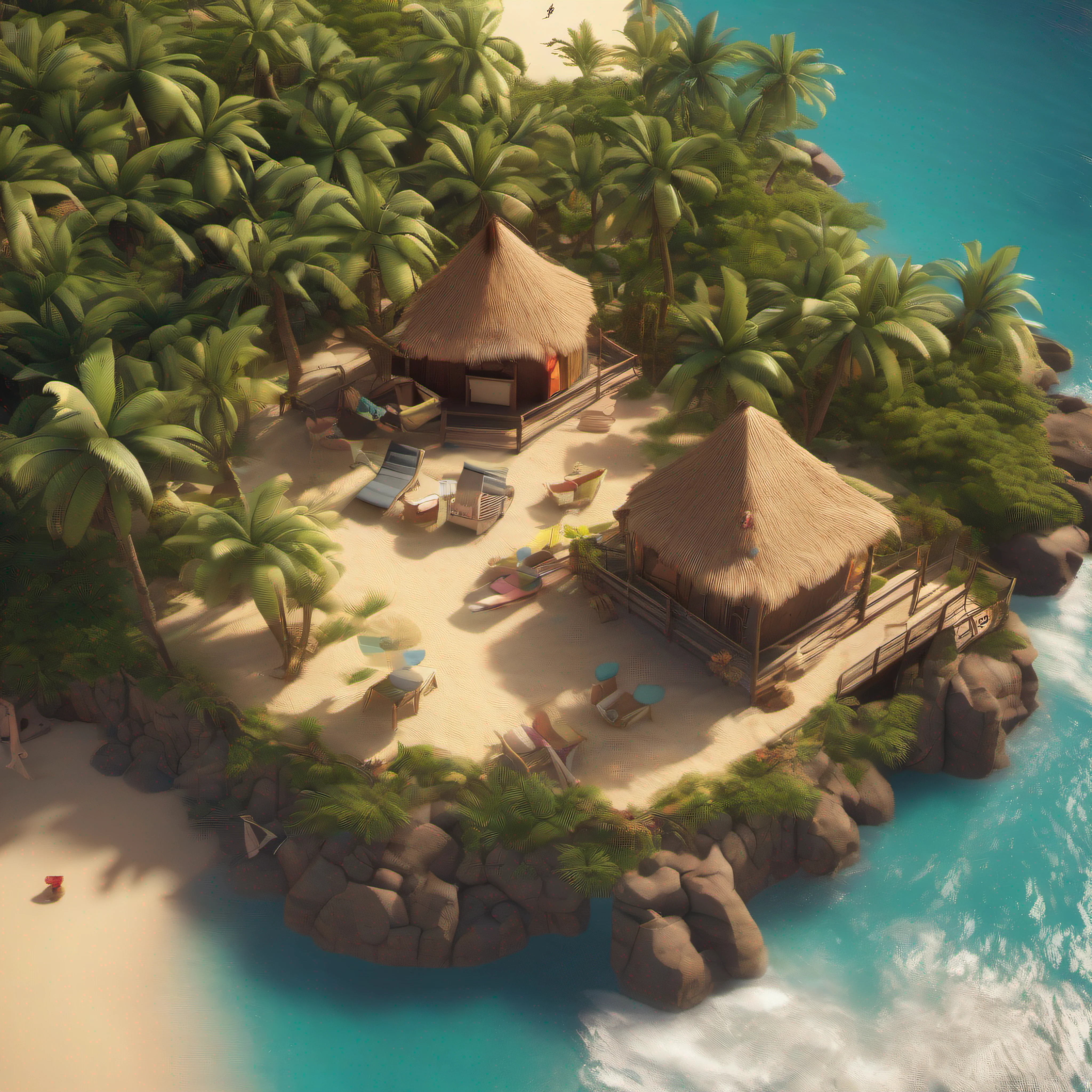 ((8k masterpiece, best quality:1.2)), absurdres Isometric_Setting, desert island, tropical beach and palm trees, 1 tiny hut, sharks, ocean in background, (S.o.s) on beach, fire