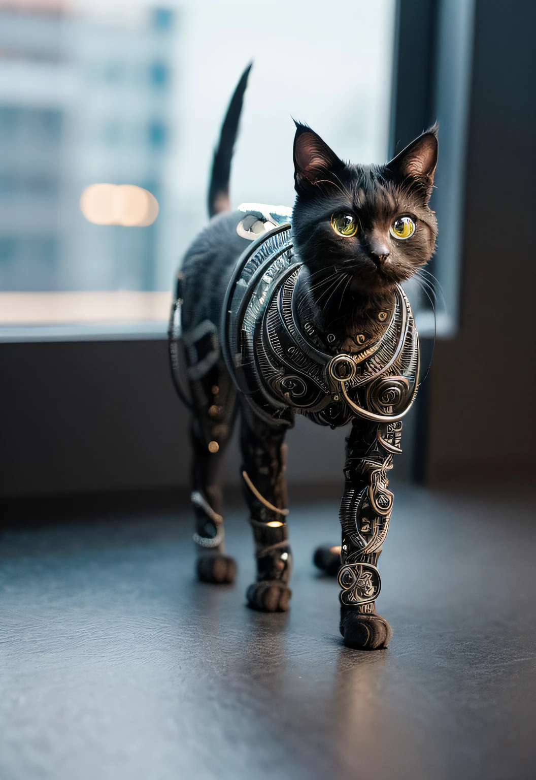 A blak kitten made out of metal, (cyborg:1.1), ([tail | detailed wire]:1.3), (intricate details), HDR, (intricate details, hyperdetailed:1.2), cinematic shot, vignette, centered