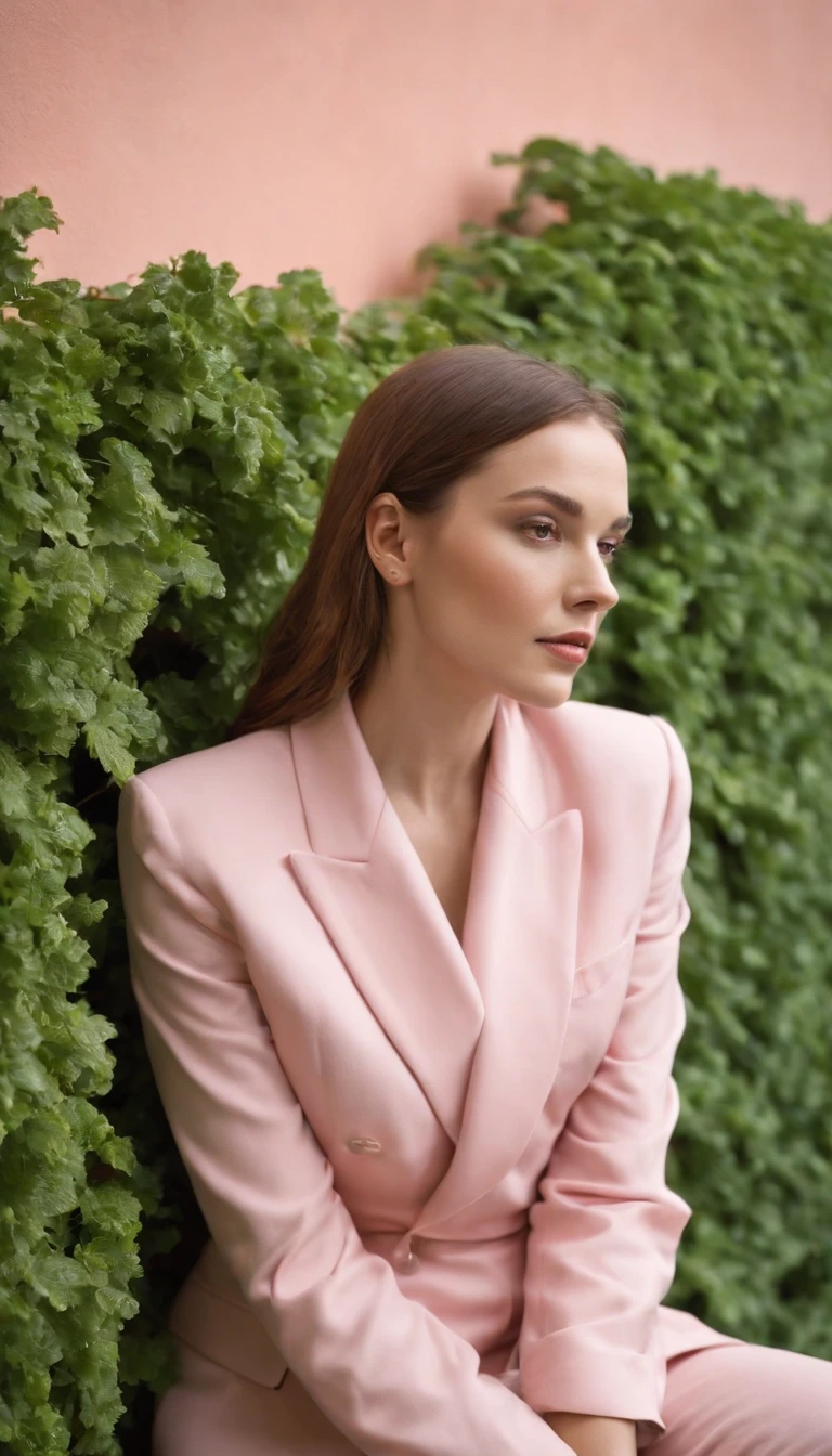 a woman in a pink suit who leans against a green wall, in the style of slumped/draped, bold fashion photography, stockphoto, nikolay makovsky, asymmetric balance, orange, two dimensional,medium shot
