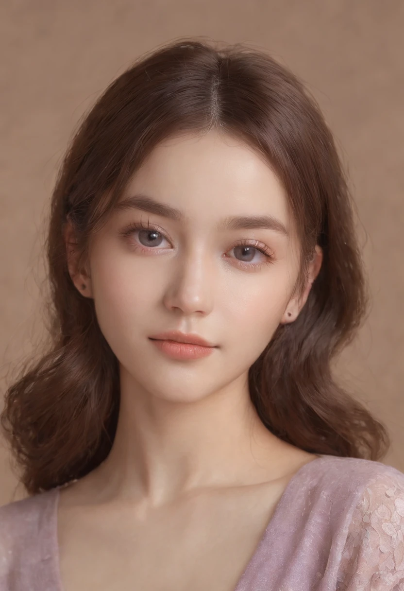 2girl，Brown short hair wool curls all over like Instagram（realisticlying，A high resolution：1.4），，looking at viewert，body（8k，RAW photos，best qualtiy，tmasterpiece：1.2），（realisticlying，Photorealistic:1.37),(Sharp focus:1.2), profesional lighting, フォトンマッピング, ラジオシティ, physically-based renderingt, (paleskin:1.2),(smallunderboob:1.2), looking at viewert, (mid hair:1.5), portrait, Purple eye,  (simplebackground:1.4), 独奏, realisticlying,(tmasterpiece:1.4),(Highest image quality:1.4),(brightskin),putting makeup on,Shy, smile:1.3),medium chest circumference,sexyposture,