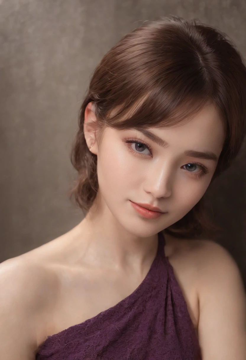 2girl,Brown short hair wool curls all over like Instagram(realisticlying,A high resolution:1.4),,looking at viewert,body(8k,RAW photos,best qualtiy,tmasterpiece:1.2),(realisticlying,Photorealistic:1.37),(Sharp focus:1.2), profesional lighting, フォトンマッピング, ラジオシティ, physically-based renderingt, (paleskin:1.2),(smallunderboob:1.2), looking at viewert, (mid hair:1.5), portrait, Purple eye, (simplebackground:1.4), 独奏, realisticlying,(tmasterpiece:1.4),(Highest image quality:1.4),(brightskin),putting makeup on,Shy, smile:1.3),medium chest circumference,sexyposture,
