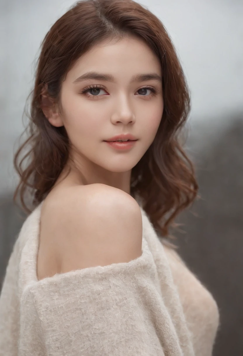 2girl,Brown short hair wool curls all over like Instagram(realisticlying,A high resolution:1.4),,looking at viewert,body(8k,RAW photos,best qualtiy,tmasterpiece:1.2),(realisticlying,Photorealistic:1.37),(Sharp focus:1.2), profesional lighting, フォトンマッピング, ラジオシティ, physically-based renderingt, (paleskin:1.2),(smallunderboob:1.2), looking at viewert, (mid hair:1.5), portrait, Purple eye, (simplebackground:1.4), 独奏, realisticlying,(tmasterpiece:1.4),(Highest image quality:1.4),(brightskin),putting makeup on,Shy, smile:1.3),medium chest circumference,sexyposture,
