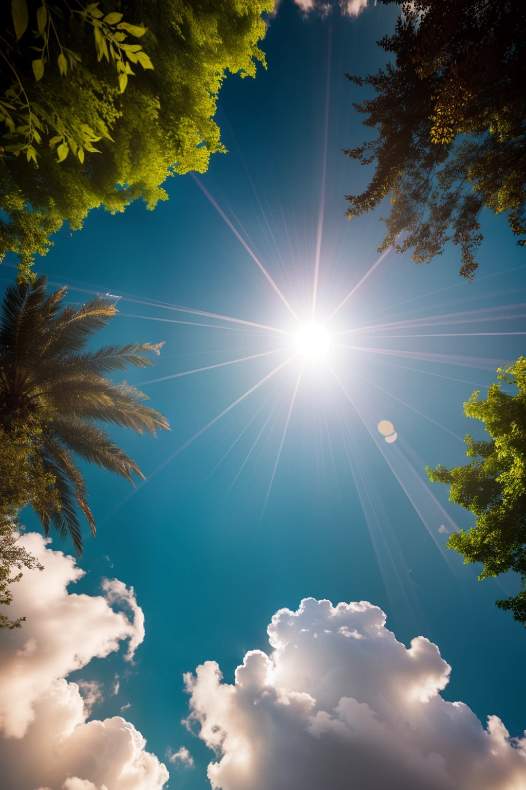 photography image of looking up at the clouds, low angle, specular lighting, visible shadows, shadow mapping, visible reflections, bright lush colours, highly detailed, illustration, bold colours, cinematic, masterpiece collection, volumetric lighting