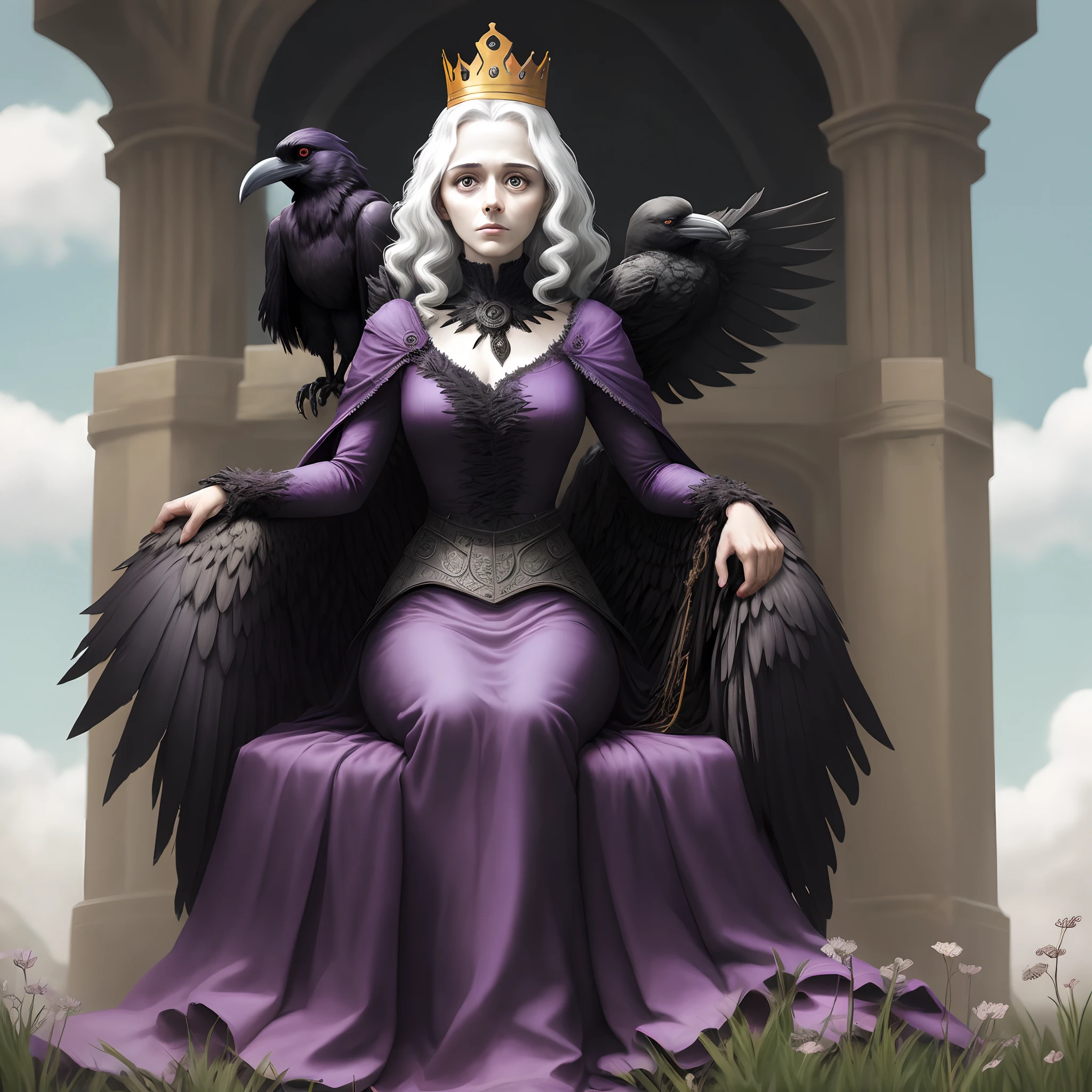 a raven holding with its wings stretched outstretched The raven queen, with ornate crown, sits and frames a royal encampment in the meadow of Lyra Targaryen
