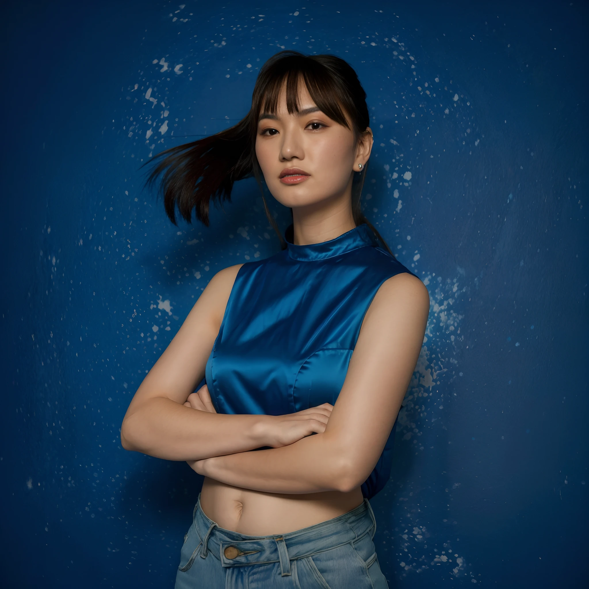 arafed woman with long hair standing with arms crossed, portrait photo of a backdrop, blue backdrop, mid shot portrait, inspired by Leng Mei, shot on canon eos r 5, shot on canon eos r5, head and shoulders photography, on a galaxy looking background, high quality portrait photoshoot, profile portrait, with a blue background