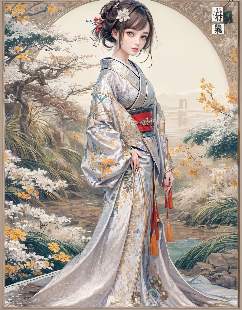 (Beautiful model in Japanese kimono commercial), (solo), ((face is 80% beauty and elegance, 20% pretty and cute:1.5)), (Her roots are in Eastern Europe and Asia), clear eyes, (detailed eyes, light brown eyes, bright pupils), Double Eyelids, (sexy lips with a little thickness:1.2), super detailed and incredibly high resolution Kimono, Highly Detailed Face Texture, striking body shape, curvy and very attractive woman, high-resolution RAW color photo pro photo, BREAK ultra high-resolution textures, High-res body rendering, big eyes, unparalleled masterpiece, incredible high resolution, super detailed, stunning ceramic skin, BREAK (Wearing a shiny silver kimono of the Rimpa school with lots of Rinpa silver colors), (The main color is Rinpa shiny silver, with a gradation from black to silver from the hem side to the collar), (elaborately made classical Japanese shiny silver Kimono), ((The embroidery patterns are Japanese dragon, clouds, mountains, and rivers)), (An obi that goes well with this kimono), ((shiny silver Kimono with elaborate and elegant embroidery)), (The background is a night scene with a little snow falling) BREAK ((Best Quality, 8k)), Crisp Focus:1.2, (Layer Cut, Big:1.2), (Beautiful Woman with Perfect Figure:1.4), (Beautifully shaped and big breasts:1.3), Slender waist, (Correct hand shape:1.5), (Full body shot | cowboy shot | back view)