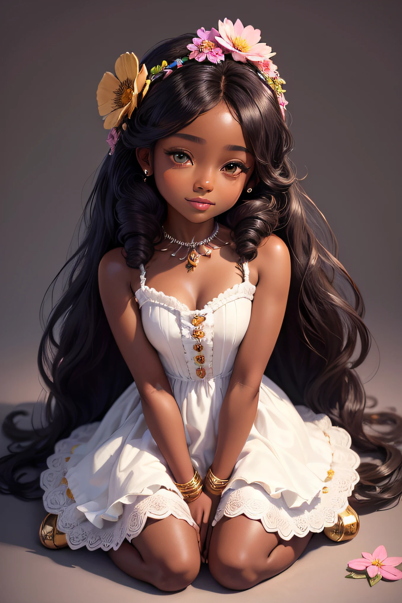 chibi 1 African children dark brown skin:5, cute smile, sitting ((full body))) "various emotions" realistic shadows, sparkling eyes, detailed skin, slightly shiny greenish brown eyes, pose for photo, long curly black hair, flowers in hair, rapunzel style, very detailed, highly detailed 8k face, perfect face shape, perfect full lips, perfect nose, beautiful and correct eyes, observant, wedding dress: 3.45, hair flowers, masterpiece , best quality, single, jeans, alone, advanced chibi