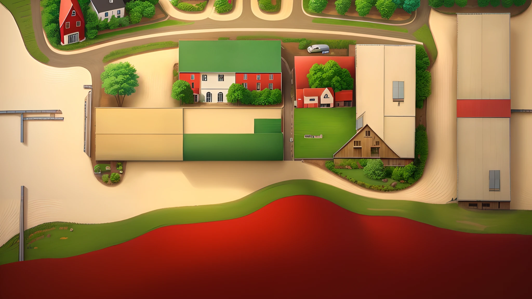 There is a picture of a cartoon farm with a red barn, small town surrounding, town center background, residential area, house and road, small village, 2 d overhead view, town background, countryside city scene, view over city, Detailed 2D illustration, Houses and buildings, Small city, game top down view, town in the background, city street view background,Top perspective