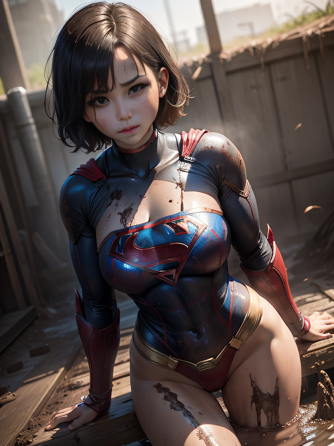 ​masterpiece、Short-haired Supergirl fell into a quagmire、large full breasts、Looking at the camera、Glossy costume、Crotch、Mud stains、Covered in mud、wounded