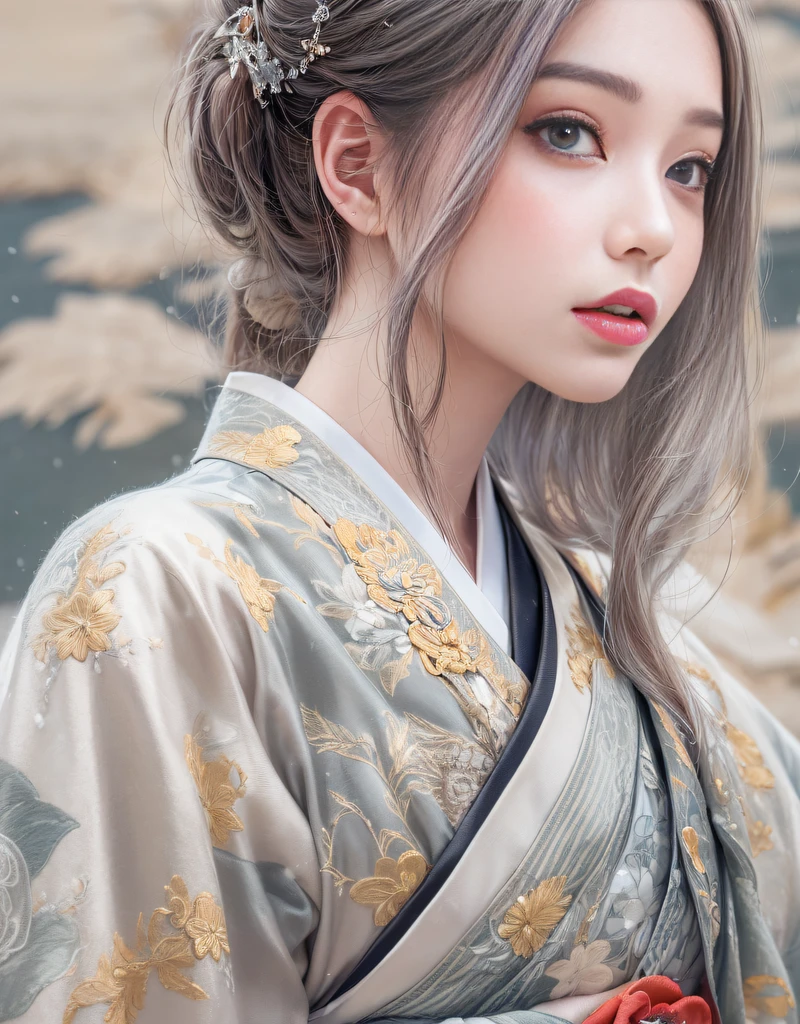 (Beautiful model in Japanese kimono commercial), (solo), ((face is 80% beauty and elegance, 20% pretty and cute:1.5)), (Her roots are in Eastern Europe and Asia), clear eyes, (detailed eyes, light brown eyes, bright pupils), Double Eyelids, (sexy lips with a little thickness:1.2), super detailed and incredibly high resolution Kimono, Highly Detailed Face Texture, striking body shape, curvy and very attractive woman, high-resolution RAW color photo pro photo, BREAK ultra high-resolution textures, High-res body rendering, big eyes, unparalleled masterpiece, incredible high resolution, super detailed, stunning ceramic skin, BREAK (Wearing a shiny silver kimono of the Rimpa school with lots of Rinpa silver colors), (The main color is Rinpa shiny silver, with a gradation from black to silver from the hem side to the collar), (elaborately made classical Japanese shiny silver Kimono), ((The embroidery patterns are Japanese dragon, clouds, mountains, and rivers)), (An obi that goes well with this kimono), ((shiny silver Kimono with elaborate and elegant embroidery)), (The background is a night scene with a little snow falling) BREAK ((Best Quality, 8k)), Crisp Focus:1.2, (Layer Cut, Big:1.2), (Beautiful Woman with Perfect Figure:1.4), (Beautifully shaped and big breasts:1.3), Slender waist, (Correct hand shape:1.5), (Full body shot | cowboy shot | back view)