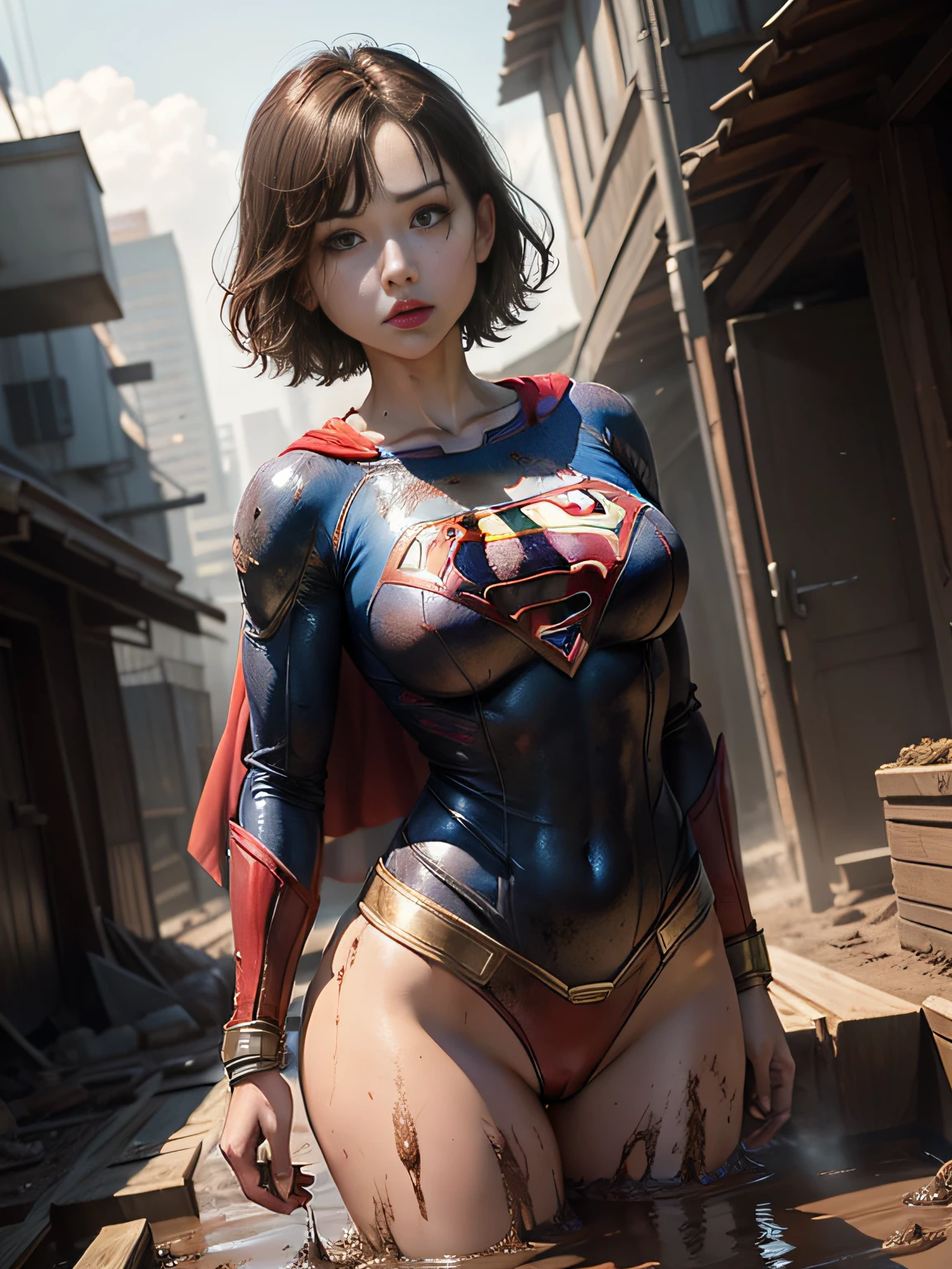 masterpiece、Short-haired Supergirl fell into a quagmire、large full breasts、Looking at the camera、Glossy costume、Crotch、Mud stains、Covered in mud、wounded