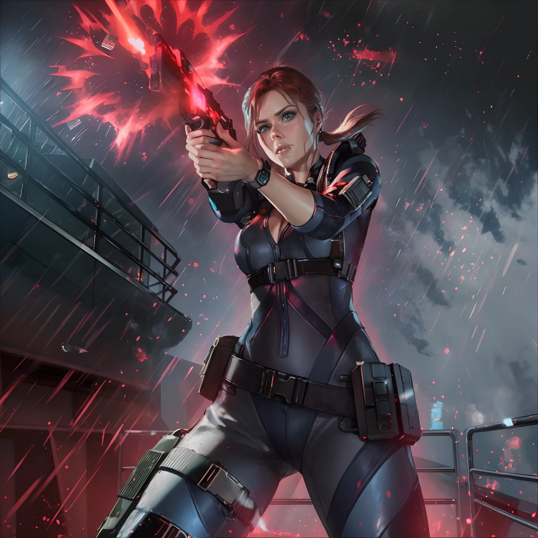 Hot terrified Sci fi Amy Adams with slick hair with pony tail holding a sci fi pistol on Ishimura Horror Space Ship photography, natural light, photorealism, cinematic rendering, ray tracing, the highest quality, the highest detail, Cinematic, Third-Person View, Blur Effect, Long Exposure, 8K, Ultra-HD, Natural Lighting, Moody Lighting, Cinematic Lighting