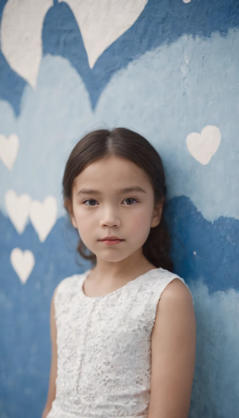 young girl in front of a heart painted on walls, in the style of emotionally charged scenes, white and blue, photo taken with provia, miwa komatsu, frayed, outdoor art, irreverent humor