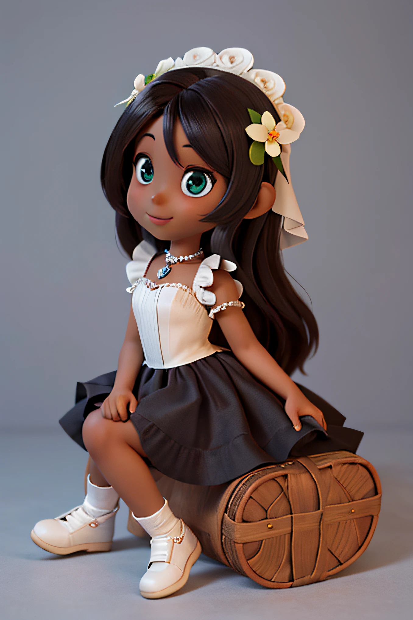 chibi 1 African dark brown skin:3, cute smile, sitting ((full body))) "various emotions" realistic shadows, sparkling eyes, detailed skin, slightly shiny greenish brown eyes, pose for photo, long curly black hair, flowers in hair, rapunzel style, very detailed, highly detailed 8k face, perfect face shape, perfect full lips, perfect nose, beautiful and correct eyes, observant, wedding dress: 3.45, hair flowers, masterpiece , best quality, single, jeans, alone, advanced chibi