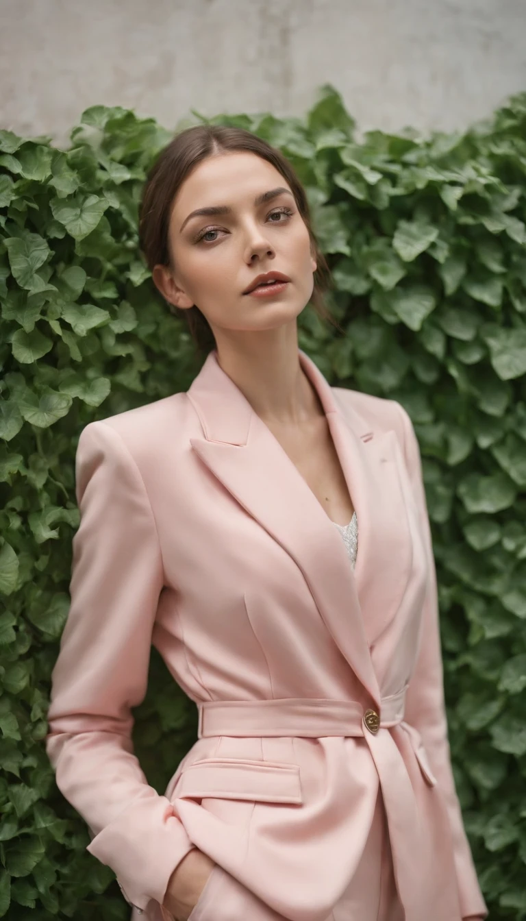 a woman in a pink suit who leans against a green wall, in the style of slumped/draped, bold fashion photography, stockphoto, nikolay makovsky, asymmetric balance, orange, two dimensional,upper body