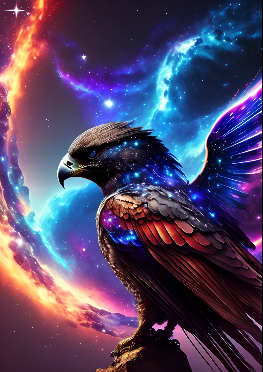 dreamlikeart, galaxy, outer space, nebula, star, [cyberpunked] Falcon from the Stars (star:1.5),