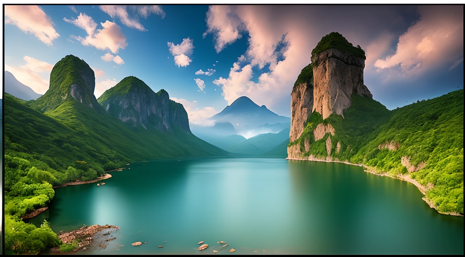Masterpiece, ultimate quality, Cg unity 8k wallpaper, super delicate, beautiful sky and clouds, rich natural scenery, cliffs, lakes and rivers, waterfalls and flying water, beautiful green mountains, no trace of people, excellent scenery, has already won a photo contest, background Blurring, full depth of field, HDR high dynamics, true restoration, intricate, extreme details, dramatic presentation, perfectly presenting the style of midjourney art.