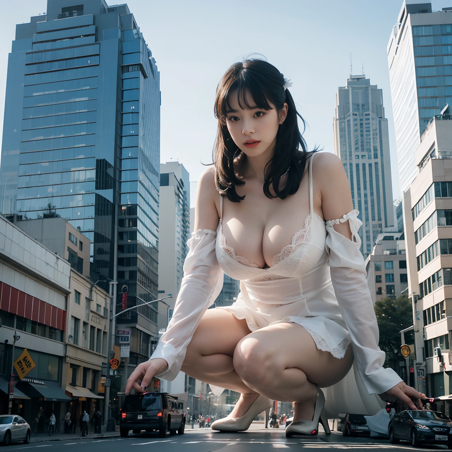 giantess，GtsCity，skyscraper，in city，white wedding dress，briefs，stiletto,(full body:1.2)，(extremely Big breasts:1.5)，(Long legs:1.2),Extremely tall girl，Beautiful looks,(GTS:1.5),ground view，Stepping，rampage，full body photo，Black hair, Colored inner hair,  eyeball,look at the camera ，torogao, Light blush, surrealism, expressionistic, Contemporary art, Cinematic lighting, 8K, Super detail, hyper HD, Masterpiece, Anatomically correct, accurate, High details, Best quality, 8K,