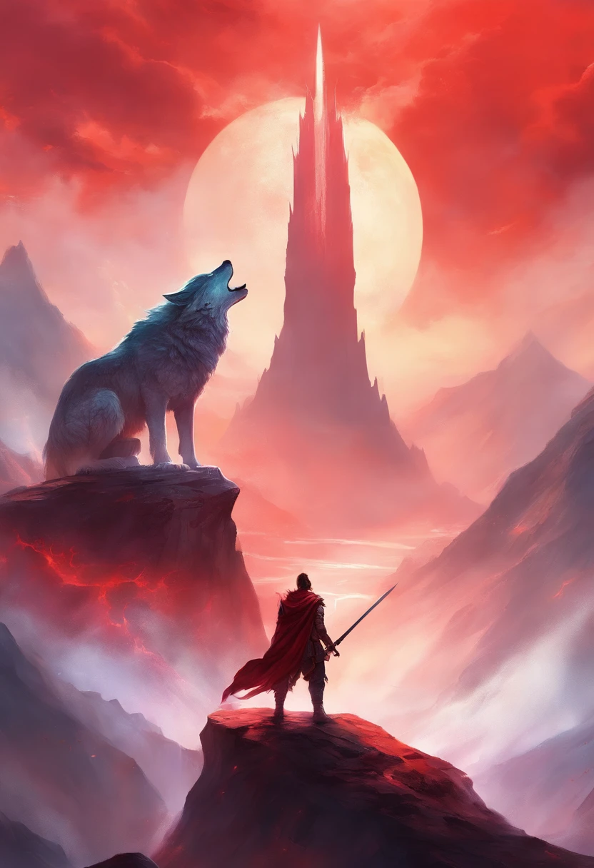 a man with a sword in his hand looks at a giant wolf beast, the sword emits red smoke, mountains