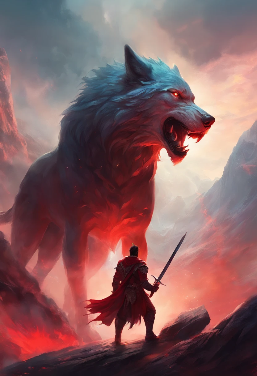 a man with a sword in his hand looks at a giant wolf beast, the sword emits red smoke, mountains