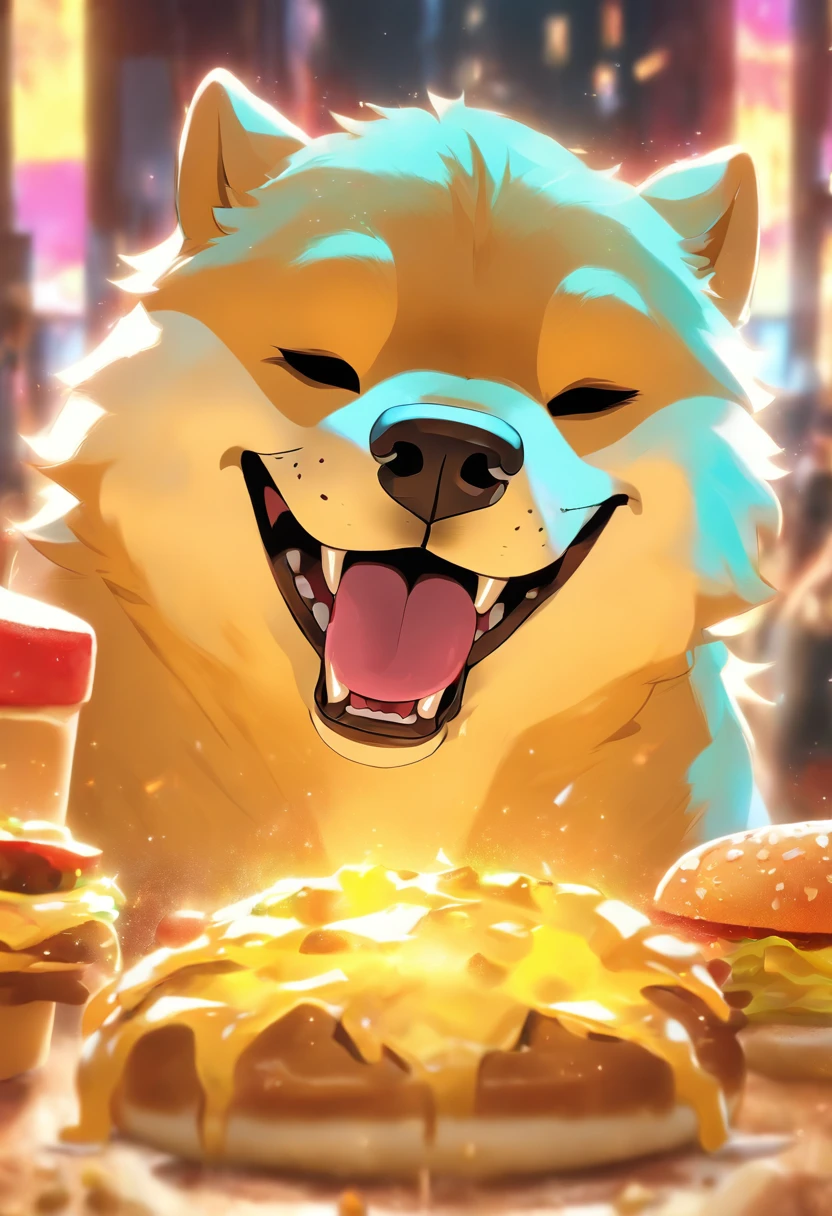 A professional photo, Yellow-white Akita Inu, Grinning, In the restaurant, Holding a large burger in both hands, Cinematic dramatic light, Smooth transition, Bokeh