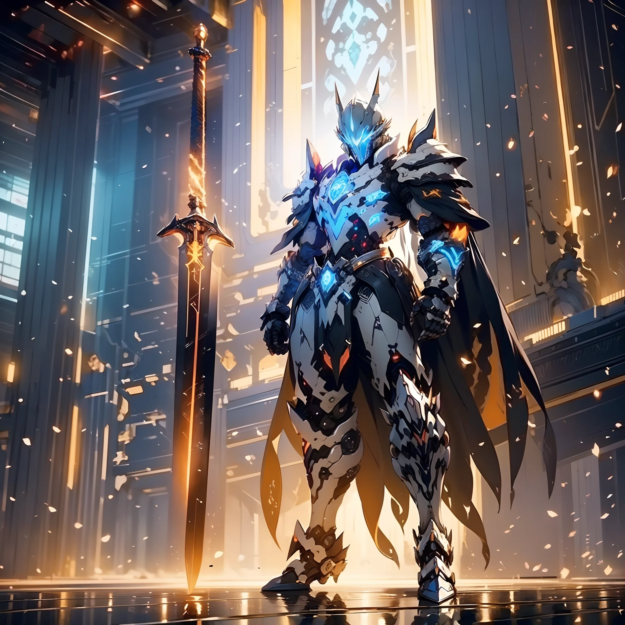 anime character with sword standing in front of a building, fallen knight, from arknights, gothic knight, evil knight, the style of wlop, fantasy knight, knight, royal emperor, dark souls knight, off-white plated armor, wearing heavy armor with cape, black heavy armor with gold trim, smooth anime cg art, artorias, glowing sword, (((solo))) , (((solo art))), (((solo character)))