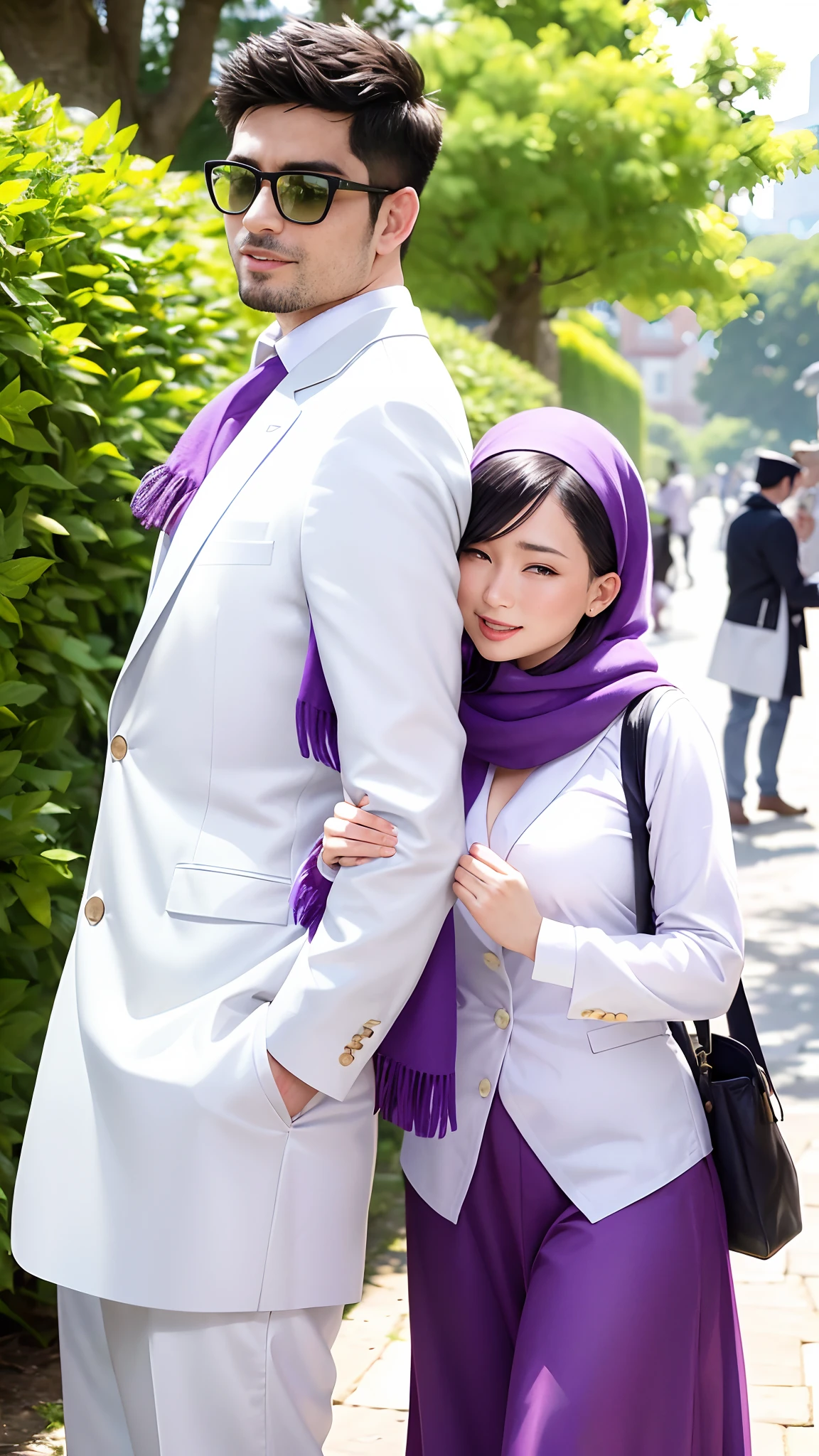 there is a woman wearing a purple scarf and a man in a white shirt, with lovely look, old picture, candid picture, very very low quality picture, very clear picture, lovely couple, in love selfie, in garden, in a park, at a park, with funny feeling, a picture, desaturated!!, riyahd cassiem, at college