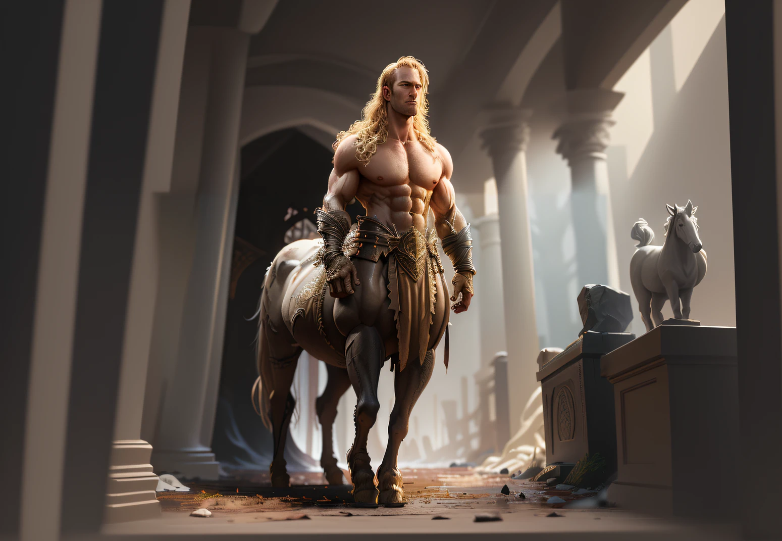 High profile full body full color image of centaur:1.2, 1 man, stand, Tall, Blonde Hair, hoof, 4 legs, Chest flaps, glove, Realistic, Depth of Field, Blurry Background, photorealistic portrait, Analogue photography, Low Key Light, Ancient Greek background, temple,marble, Jason Statham