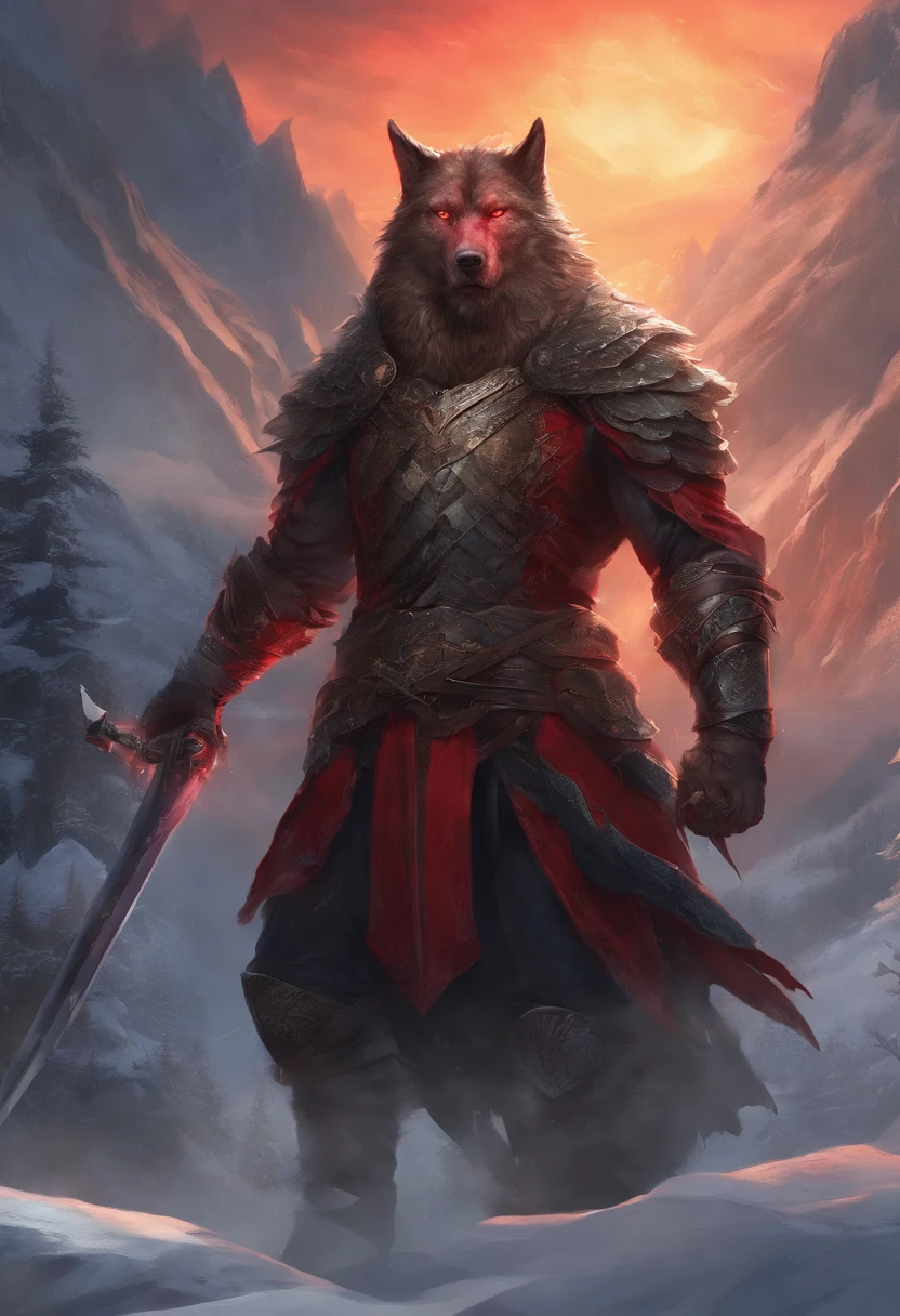 Anthropomorphic dragon boasts a "soft beefy" physique. The "soft" aspect of his physique is achieved through a meticulous distribution of muscle and fat that creates a sense of comfort and approachability. skin is a rich, deep black, with a subtle shimmer that hints at his hidden nobility. His eyes are a piercing shade of Imperial red, framed by thick eyebrows that arch over them in a constant state of curiosity. His attire, a black gambeson padded overcoat vestment with striking red salmon accents and intricate silver metal ornaments, is both functional and symbolic. The gambeson, a padded garment, is tailored to allow for a full range of motion, emphasizing his agility despite his size. The armor's design is meticulously crafted, with each detail serving a purpose. The imperial red accents trace the contours of his muscles, highlighting his physical power and determination. The silver metal ornaments are strategically placed to protect vital areas while also enhancing his aesthetic appeal. Leox's fur is predominantly black with salmon red-colored highlights that are strategically placed to accentuate his muscular structure and enhance the contrast against his armor. The fur on his torso and limbs is dense yet well-managed, giving him a sleek and powerful look that is indicative of his warrior background. His chest hair is kept at a moderate length, framing his broad pectoral muscles. Large axe like fangs. Taran Fiddler art Style