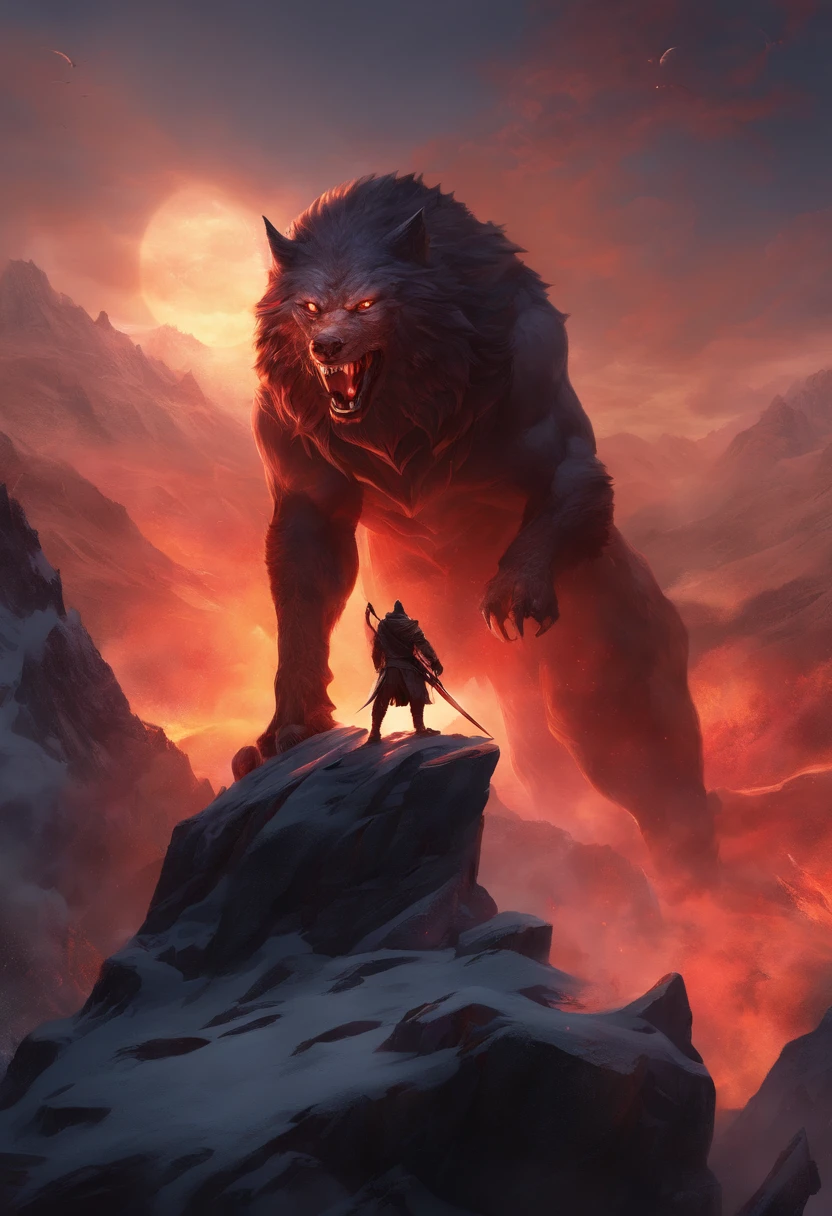 best quality,highres,professional,realistic,ultra-detailed,physically-based rendering,portrait,man,serious expression,sharp focus,beard,detailed eyes,strong body,holding a sword with both hands,dressed in armor,sword emitting red smoke,interacting with a giant wolf beast,wolf beast,ferocious,large,sharp teeth and claws,giant size,snarling,glowing red eyes,crouching on a mountain peak,mountain peaks in the background,tall and majestic,covered in snow,dramatic lighting,dark and brooding atmosphere