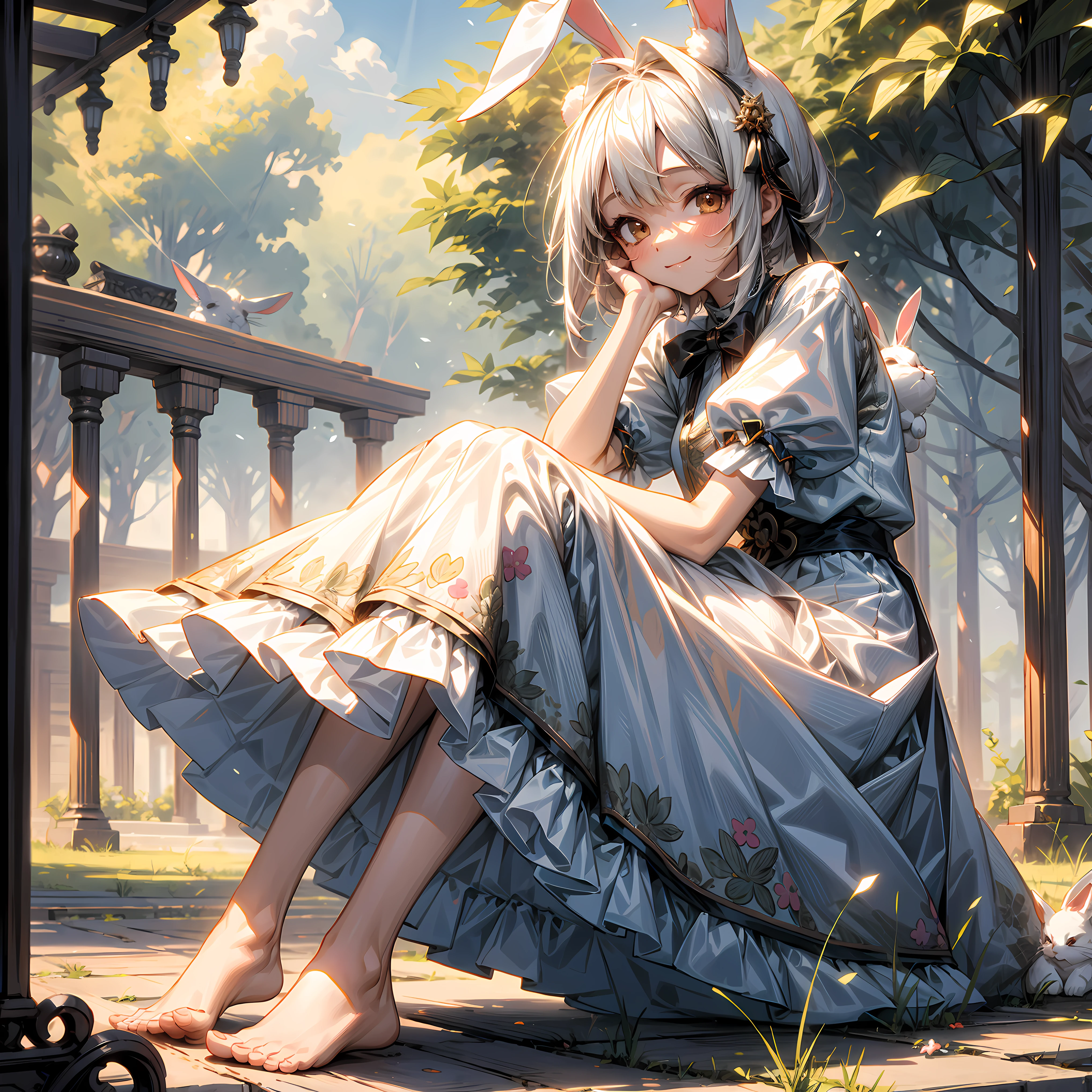 ((masterpiece,best quality)),1girl, niji style, miji, solo, animal ears, rabbit, barefoot, knees up, dress, sitting, rabbit ears, short sleeves, looking at viewer, grass, short hair, smile, white hair, puffy sleeves, outdoors, puffy short sleeves, bangs, on ground, full body, animal, white dress, sunlight, brown eyes, dappled sunlight, day, depth of field