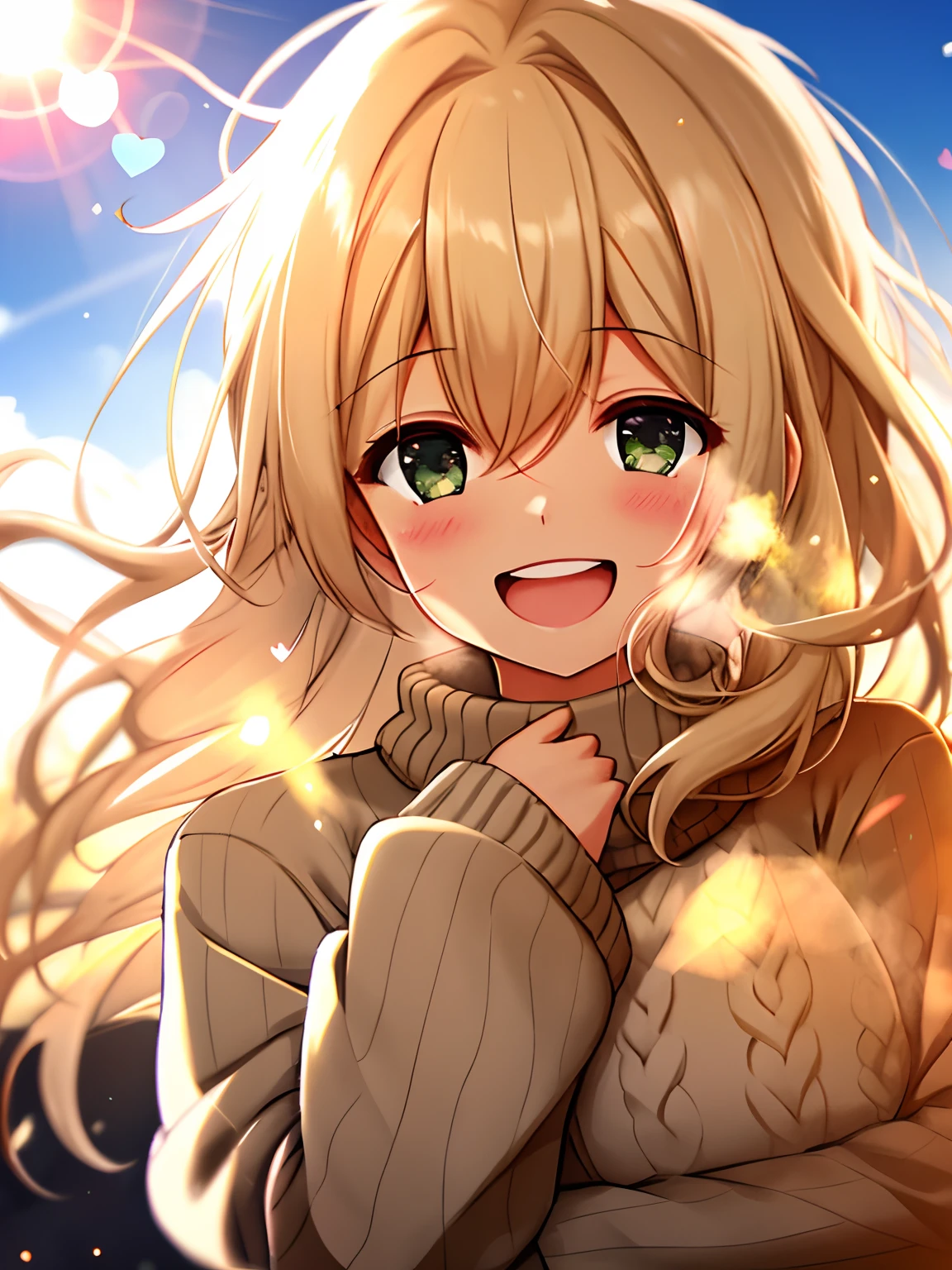 a girl, cosy sweater on, upper body, (huge Laughing:1.1), (open mouth:1.1), (wide open eyes:1.2), sun glare, bokeh, depth of field, blurry background, light particles, strong wind, (heart particles:1.1)