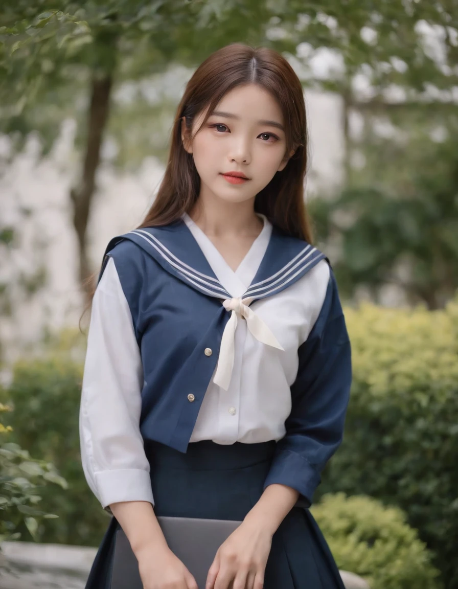 best quality, 1girl, long hair, beautiful eyes, ((japanese school shirt)), a sailor suit、Dark blue pleated skirt,sailor collar, neckerchief, short sleeves, white skirt, ((upper body)), standing, outdoors, medium shot, high quality photo.