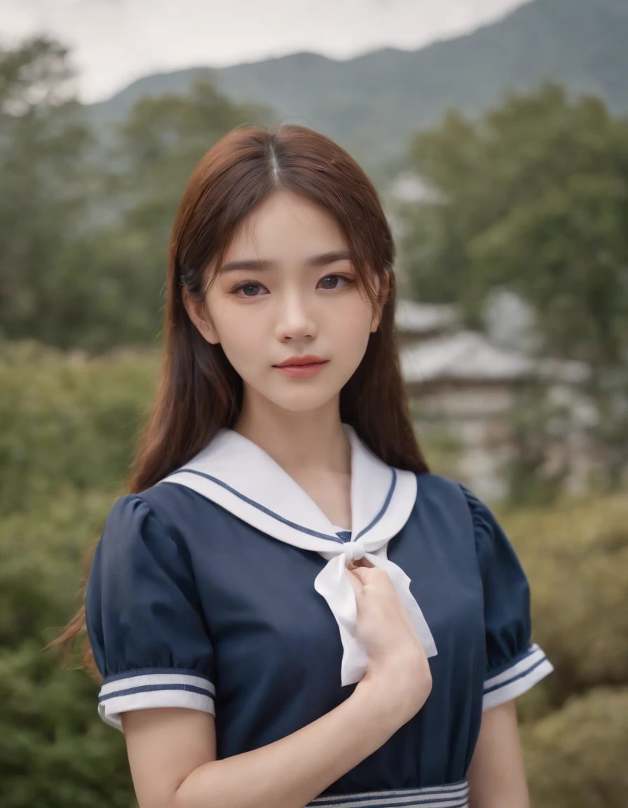 best quality, 1girl, long hair, beautiful eyes, ((japanese school shirt)), a sailor suit、Dark blue pleated skirt,sailor collar, neckerchief, short sleeves, white skirt, ((upper body)), standing, outdoors, medium shot, high quality photo.