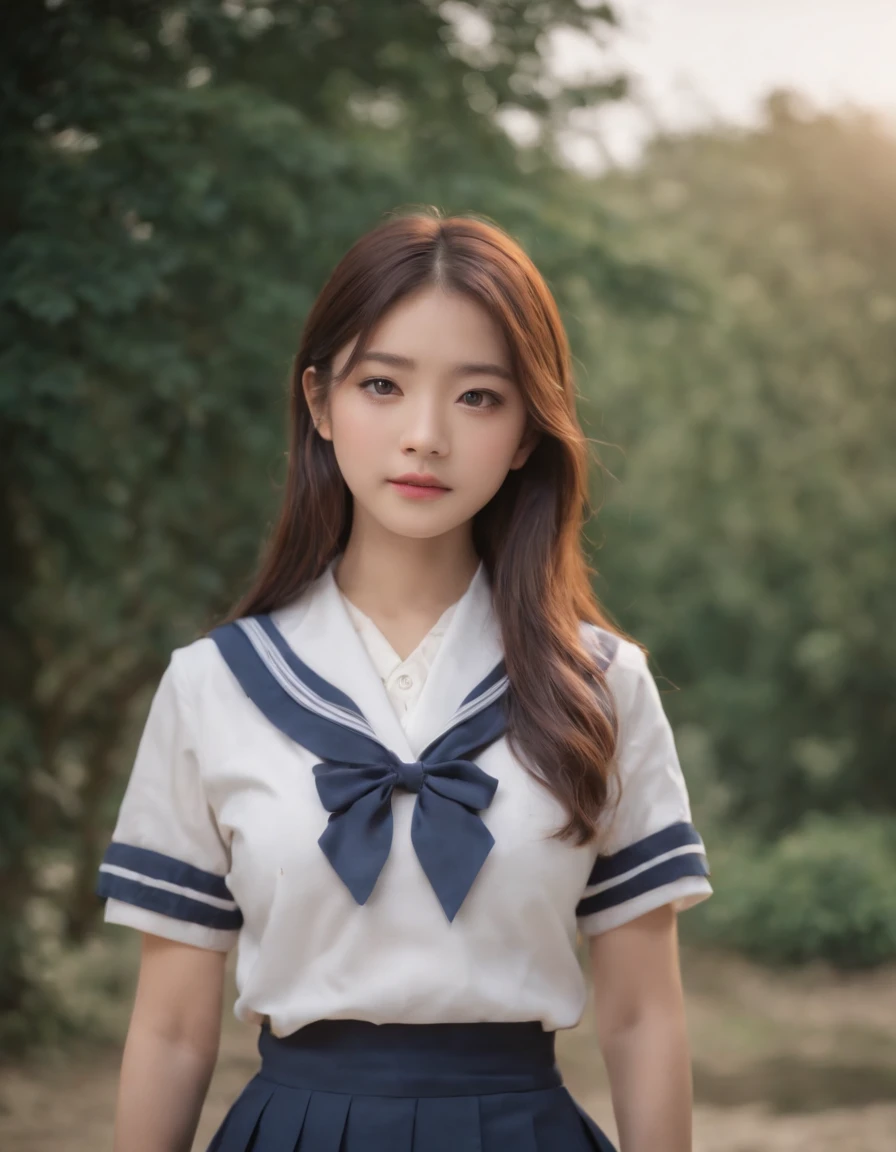 best quality, 1girl, long hair, beautiful eyes, ((japanese school shirt)), a sailor suit、Dark blue pleated skirt,sailor collar, neckerchief, short sleeves, white skirt, ((upper body)), standing, outdoors, medium shot, high quality photo.