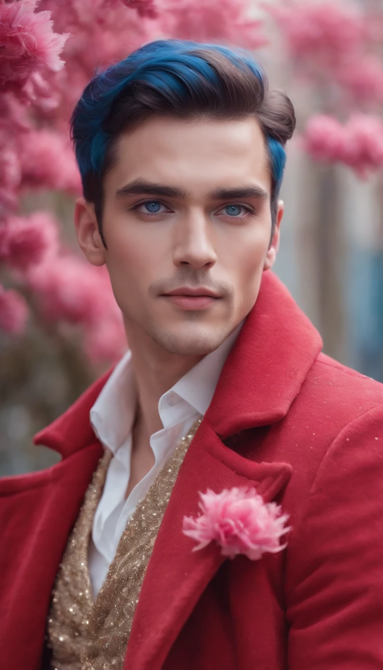 medium shot of a handsome man outside wearing a red coat made of feathers, with blue eye makeup, pink flowers in the background, in the style of album covers, glitter, soft yet vibrant