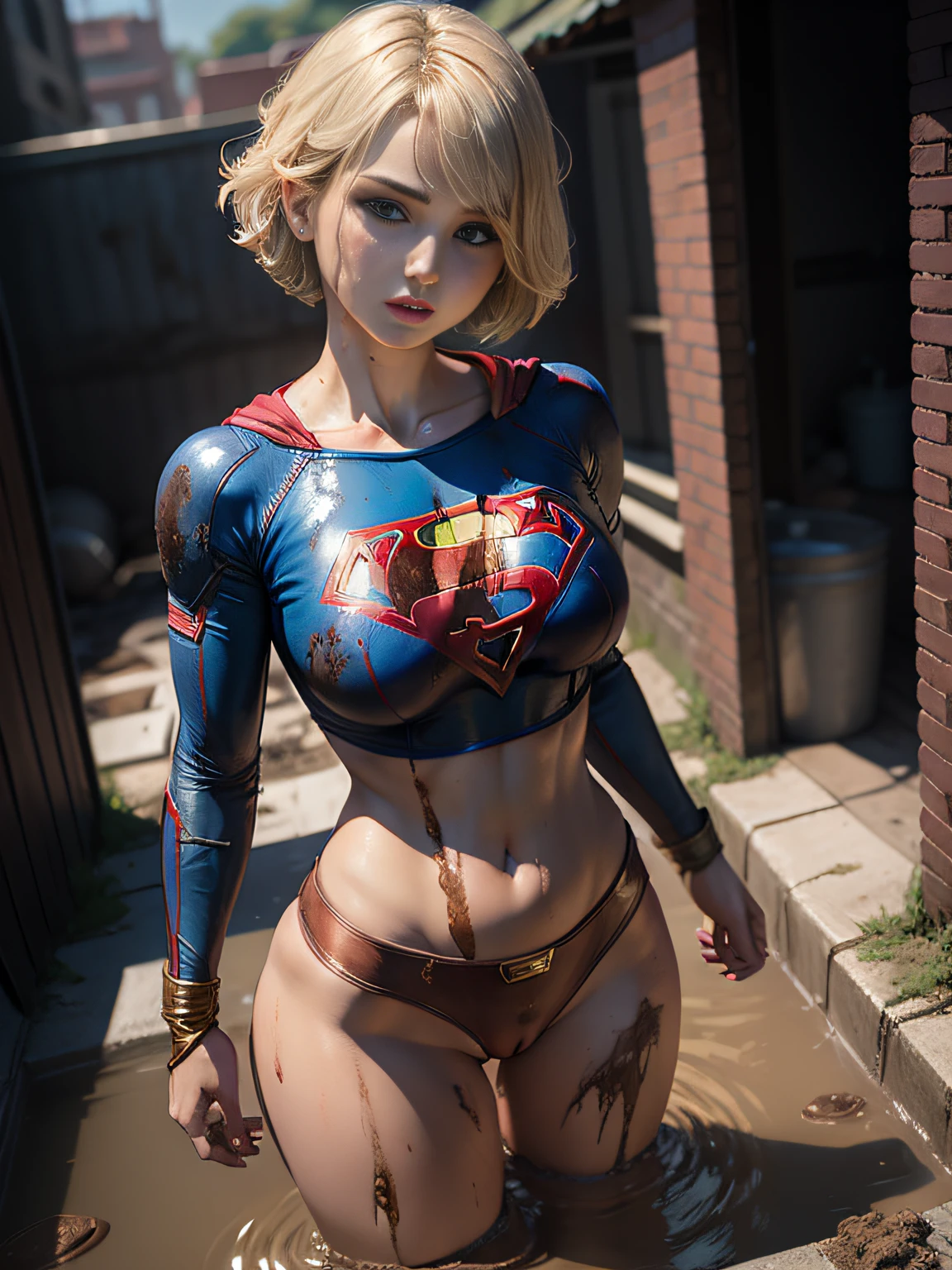 ​masterpiece、Short-haired Supergirl fell into the sewage、large full breasts、Looking at the camera、Glossy costume、Crotch、Mud stains、Covered in mud、wounded