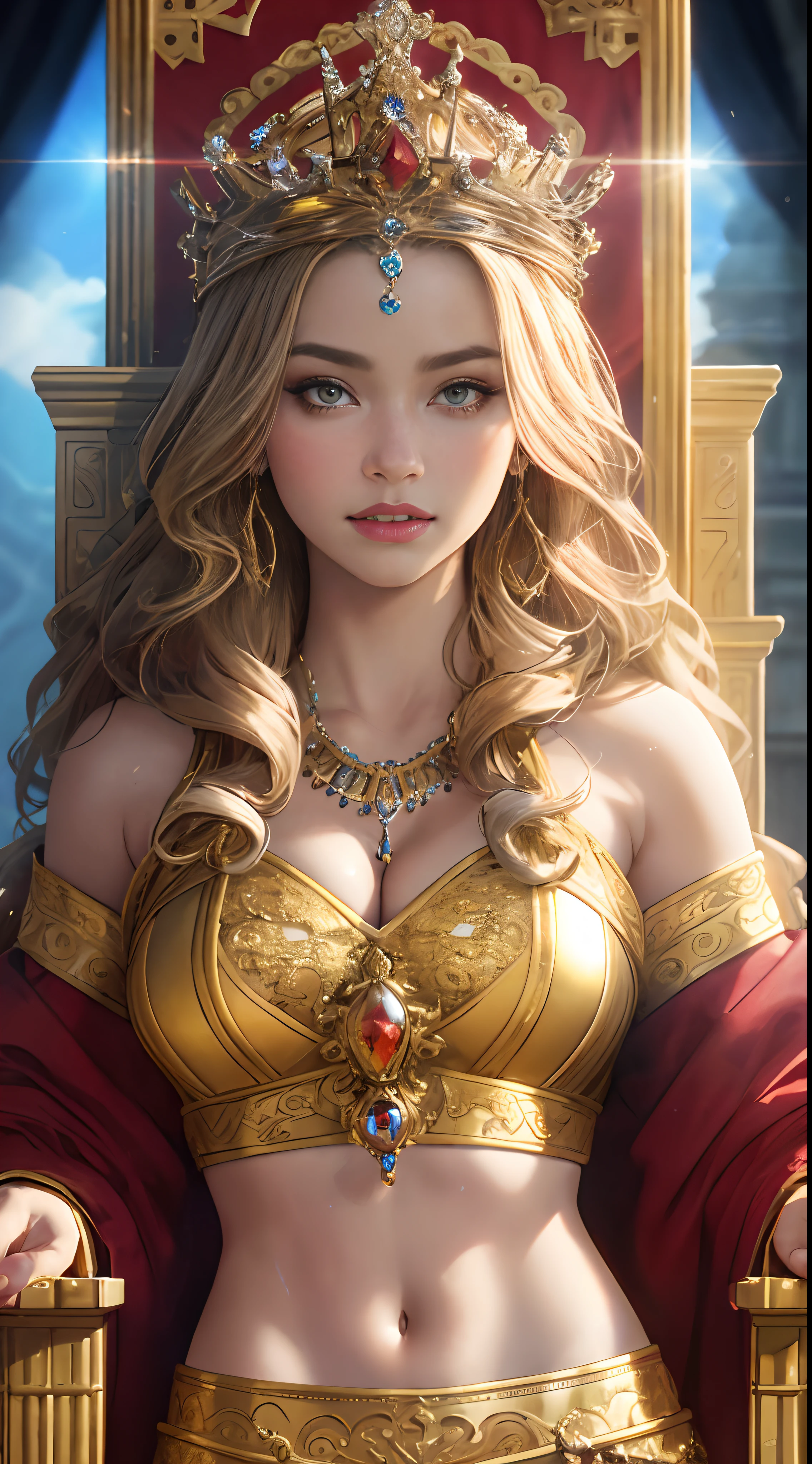 best quality, masterpiece, highres, photo realistic, ultra realistic, sun tyndall effect,photorealistic, dark studio, rim lighting, tone lighting,(high detailed skin:), 8k uhd, dslr, soft lighting, high quality, volumetric lighting, (((midriff exposed))), candid, photograph, high resolution, 4k, 8k, bokeh, ultra realistic 8k cg, (epic:, perfect artwork, masterpiece, ancient dynasty, medieval, fantasy), (((detailed background))), 20yo queen,(A stunning God-like beauty), (striking facial features, detailed hair) dynamic angle, (((throne room))), amazing stunningly beautiful, sitting on throne, wavy shiny hair, golden wet skin shining, full body portrait, glamour, perfect soft curves, perfect body, perfect boobs, full wet lips, ultra realistic, sun
