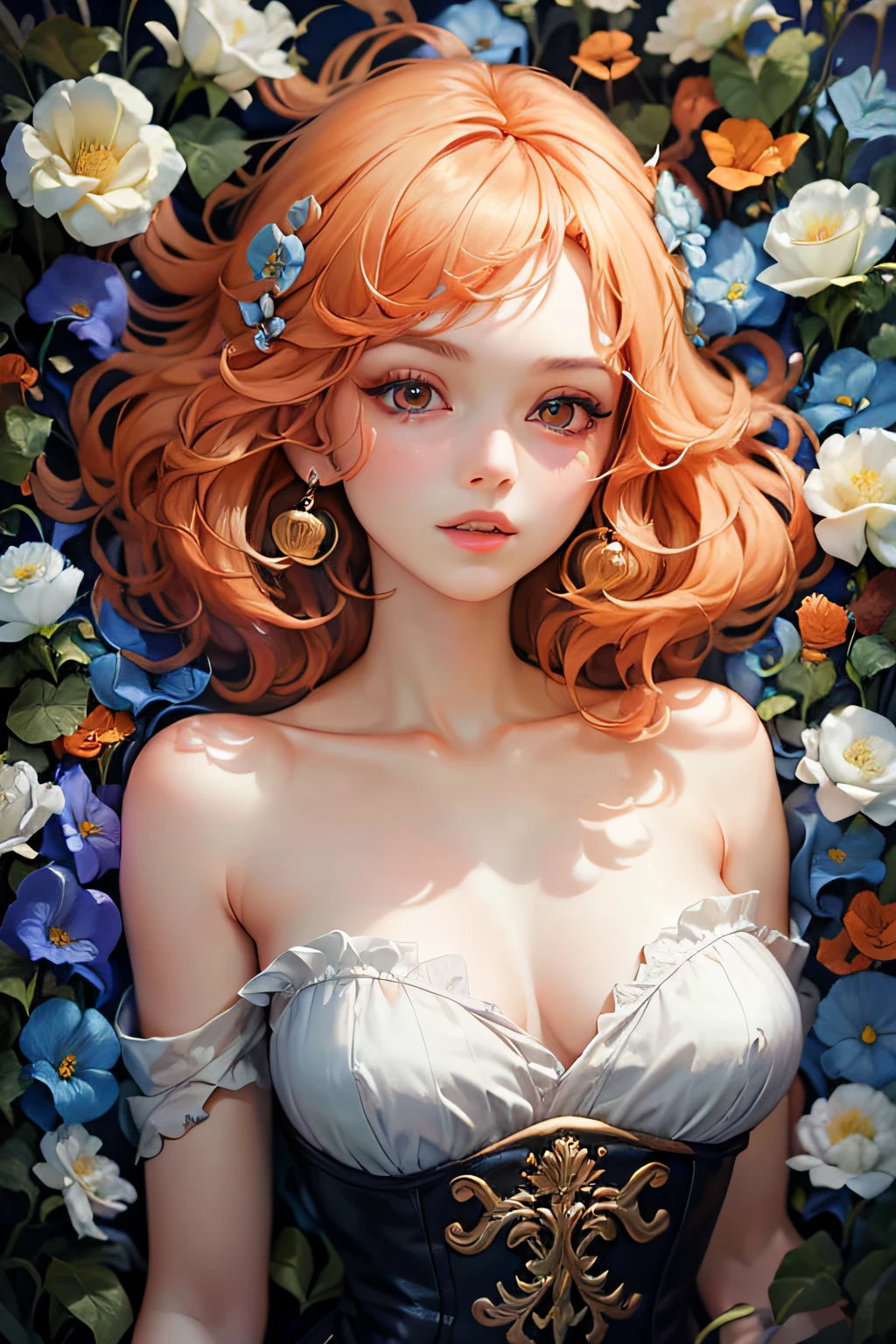 Fechin, oil painting, IMPRESSIONISM, masterpiece,Best light, shiny angle, soft light, ray tracing,cum liquid, cum on fsce, best quality, amazing intricate, cute girl, round eyes, smile, medium breast,
orange hair, medium hair, side ponytail, ,
Panorama, upper body, laying down,big tits,puffy of nipples、 figure girl, nsfw, sexy pose,
pink dress, flowing dress, ,
in a summer meadow