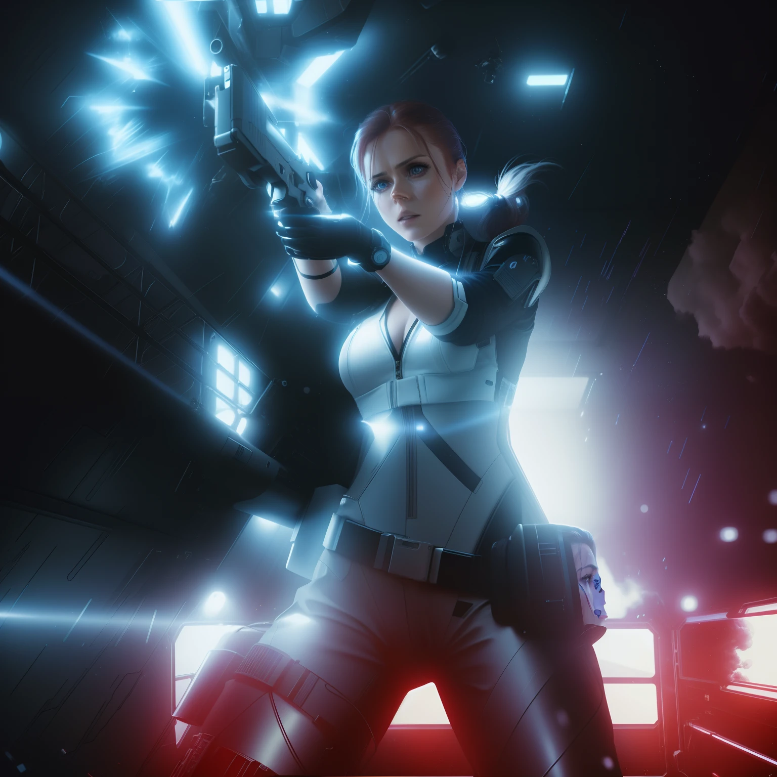 Hot terrified Sci fi Amy Adams with slick hair with pony tail holding a sci fi pistol on Ishimura Horror Space Ship photography, natural light, photorealism, cinematic rendering, ray tracing, the highest quality, the highest detail, Cinematic, Third-Person View, Blur Effect, Long Exposure, 8K, Ultra-HD, Natural Lighting, Moody Lighting, Cinematic Lighting