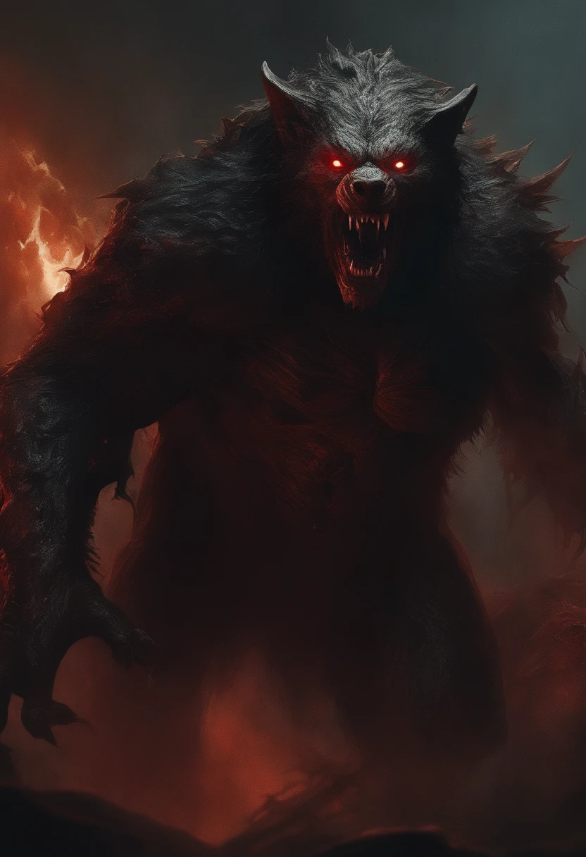 Uma pintura de um lobo realmente mest, with a bloodied face and a bloody head, carnificina, Sci - Horror Art of Fiction, Science fiction horror art, inspirado em Aleksi Briclot, Presas da carnificina, arte de fantasia de terror, Directed by: Aleksi Briclot, arte conceitual de terror, veneno, Arte de fantasia e terror, Detailed illustration of 4K horror, demonic creature, arte de terror de fantasia sombria