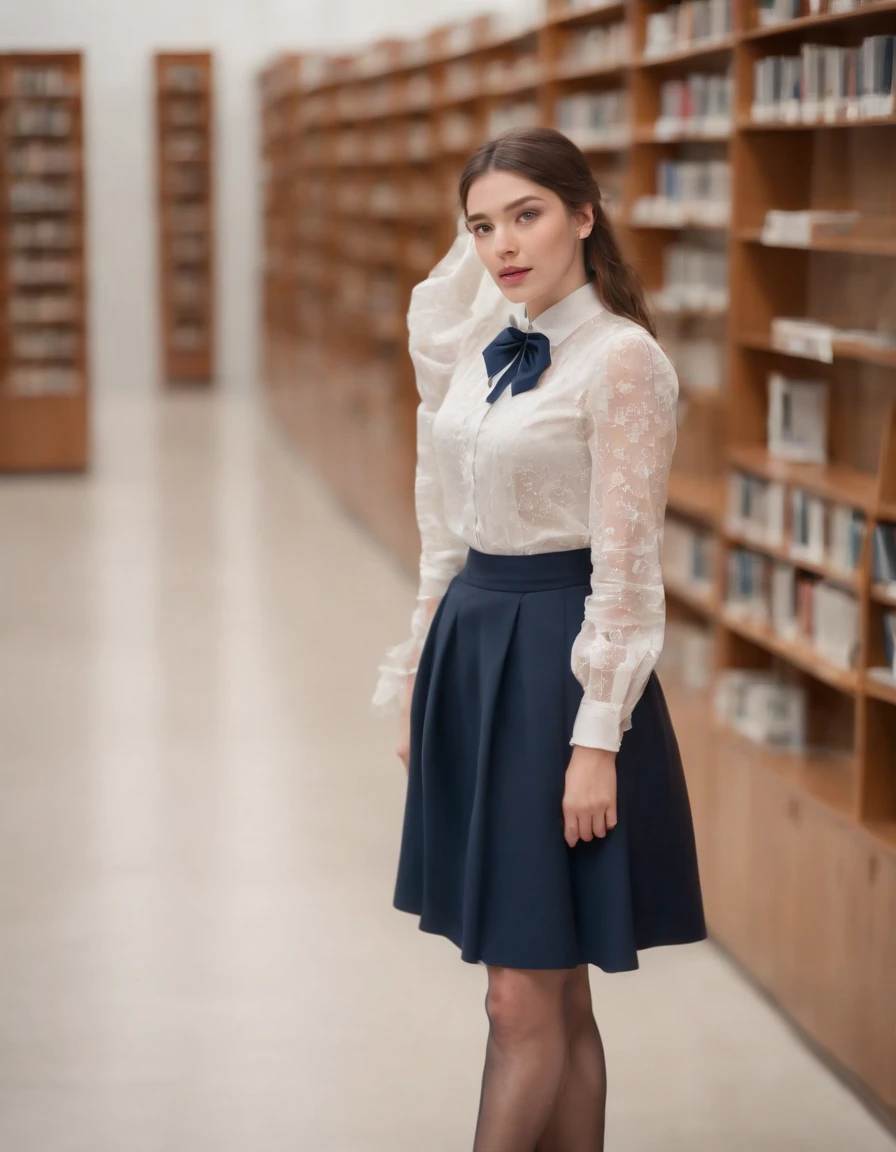 Woman standing alone in library, white floral blouse, dark blue bow tie, dark blue skirt with ruffles, wearing white silk ruffled socks, wearing pumps, white light background，The upper part of the body,
