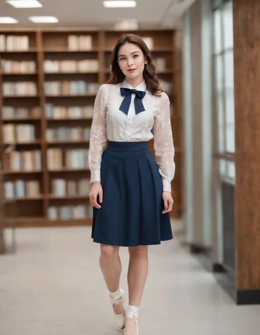 Woman standing alone in library, white floral blouse, dark blue bow tie, dark blue skirt with ruffles, wearing white silk ruffled socks, wearing pumps, white light background,The upper part of the body,